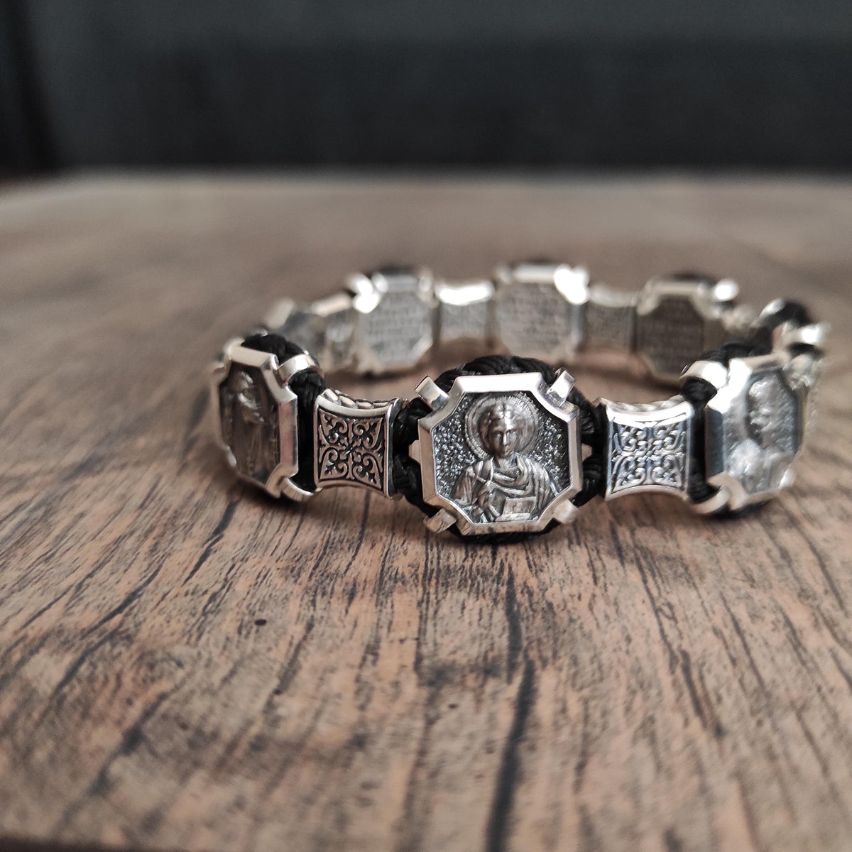 Silver Orthodox Christian Bracelet with Saints and Our Father Prayer