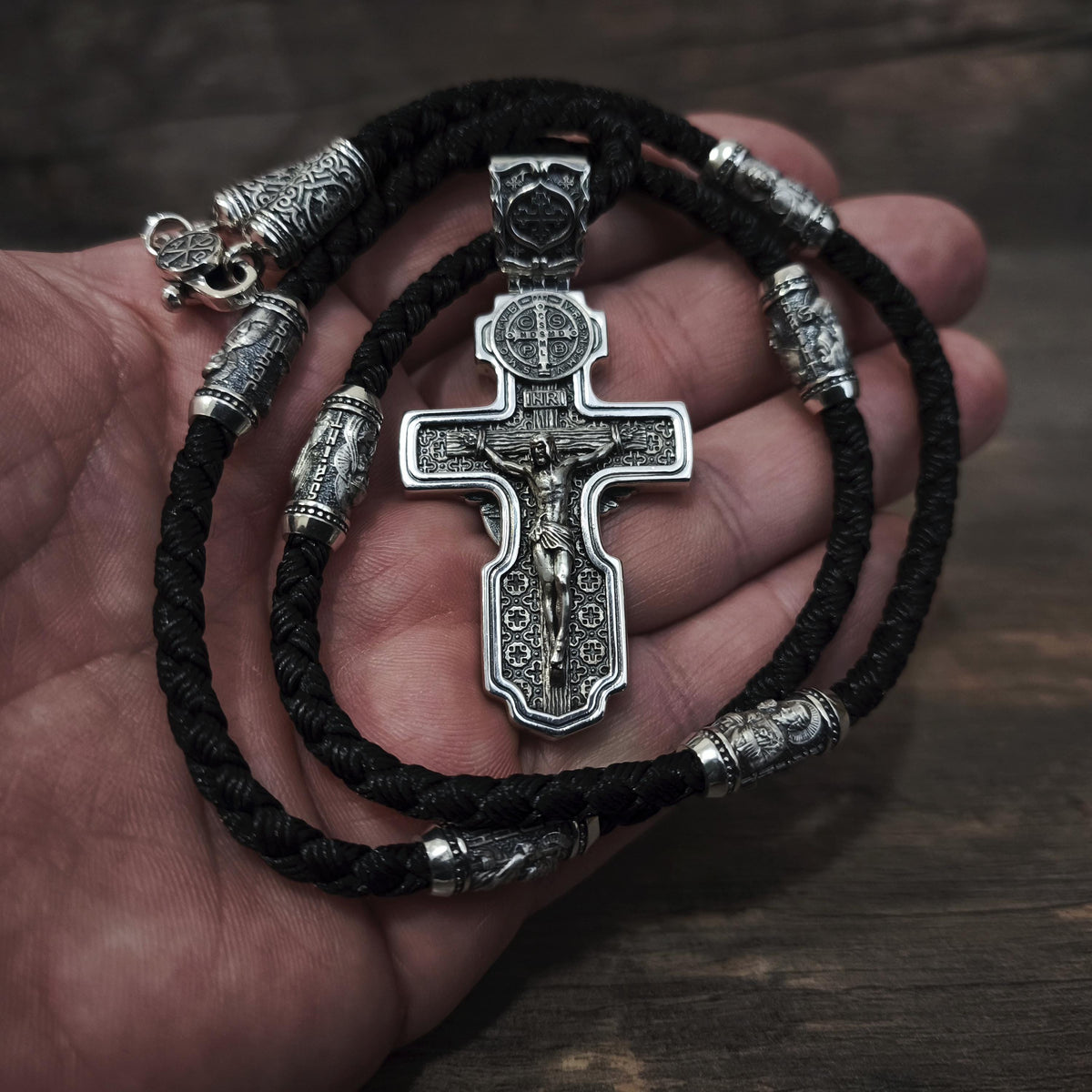 Personalized Jesus Cross Saint Benedict Crucifix Necklace Archangel Saint Michael : Sterling Silver