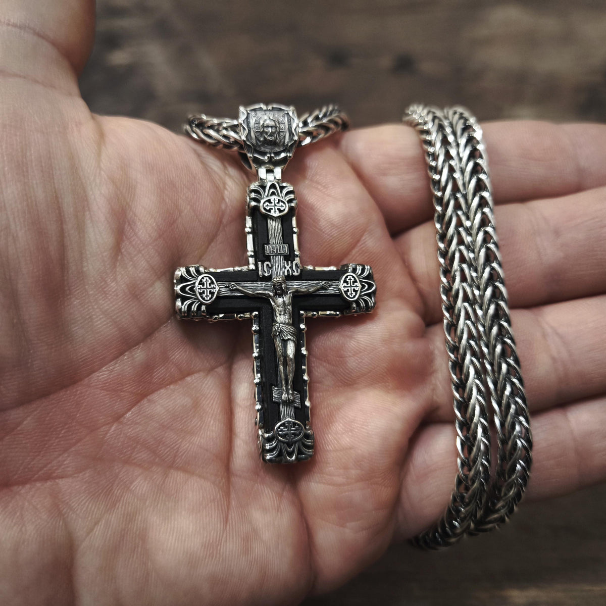 Sterling Silver Orthodox Crucifix Necklace & Ebony Wood - Religious Pendant
