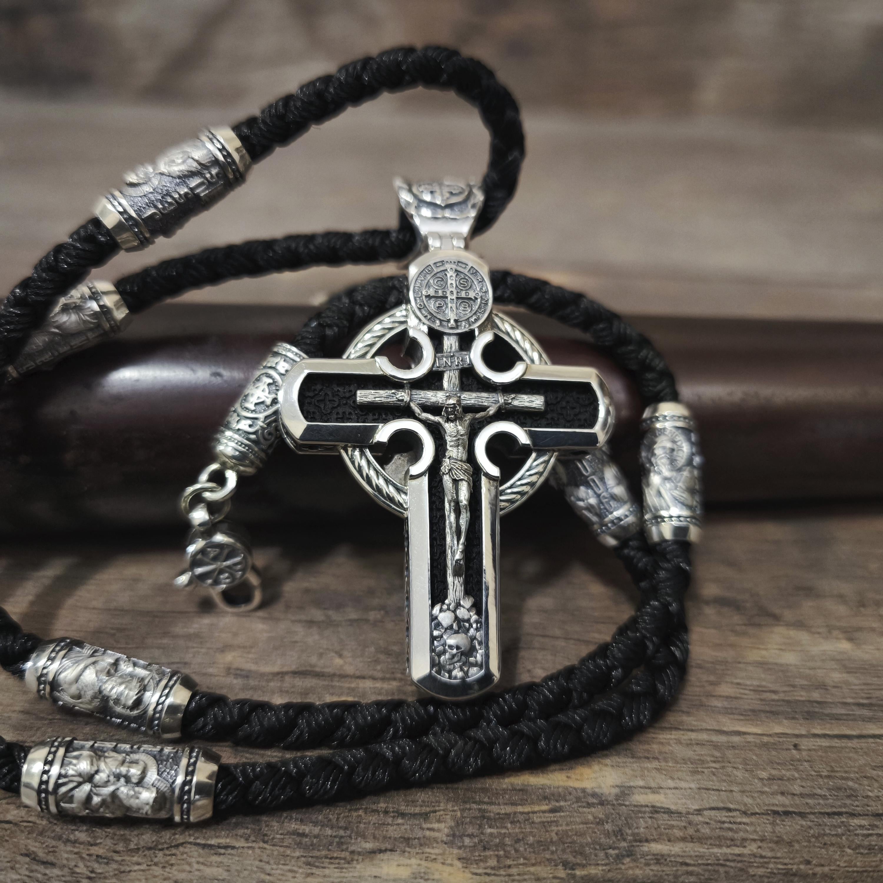 Personalized Jesus Cross Saint Benedict Crucifix Necklace Archangel Saint Michael : Sterling Silver & Ebony Wood