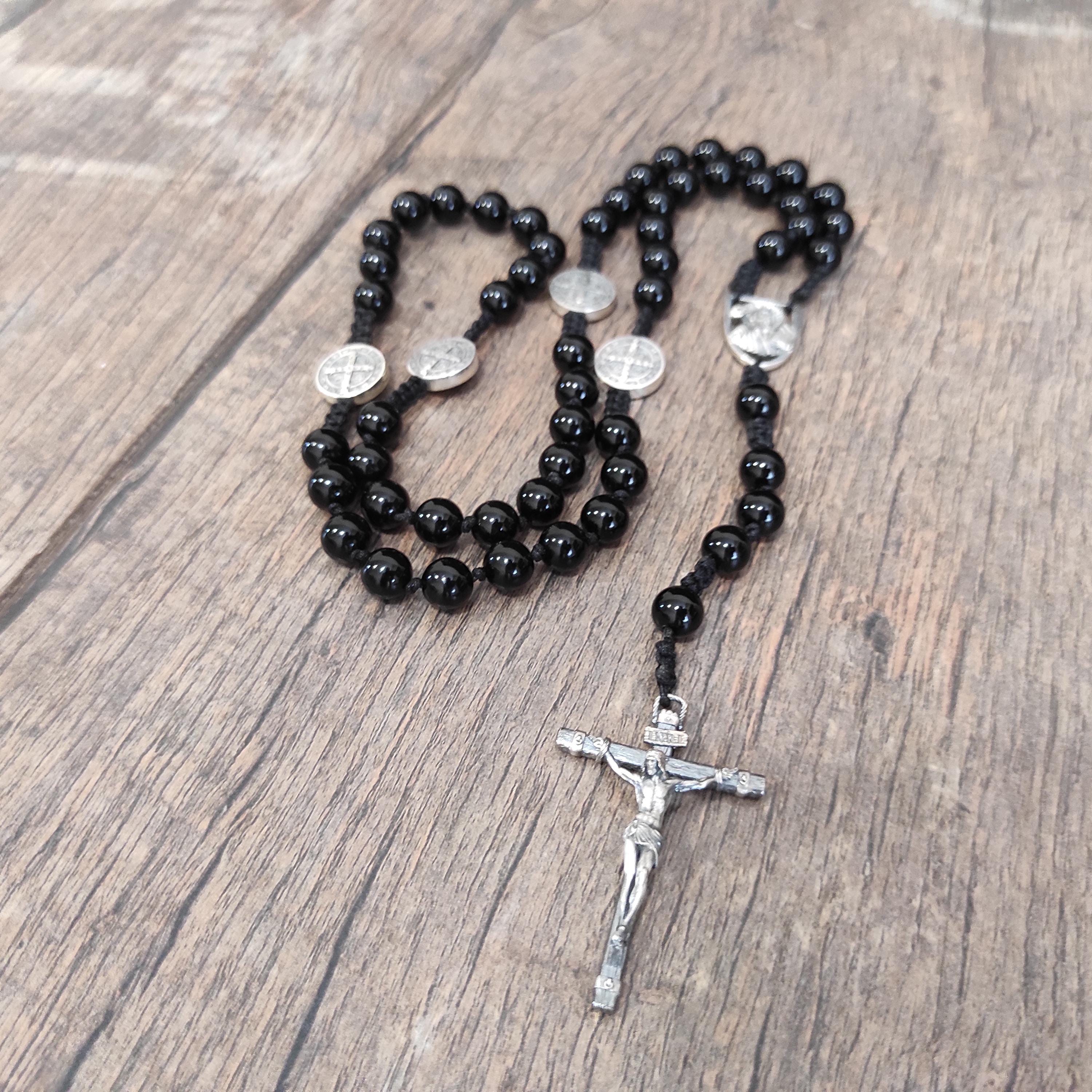 Handmade Sterling Silver Saint Benedict Rosary: Black Agate Beads
