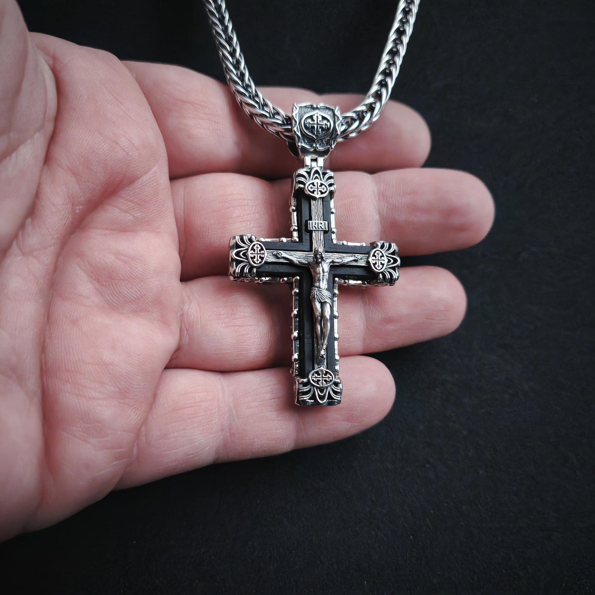 Sterling Silver Crucifix Archangel Michael Necklace & Ebony Wood - Religious Pendant