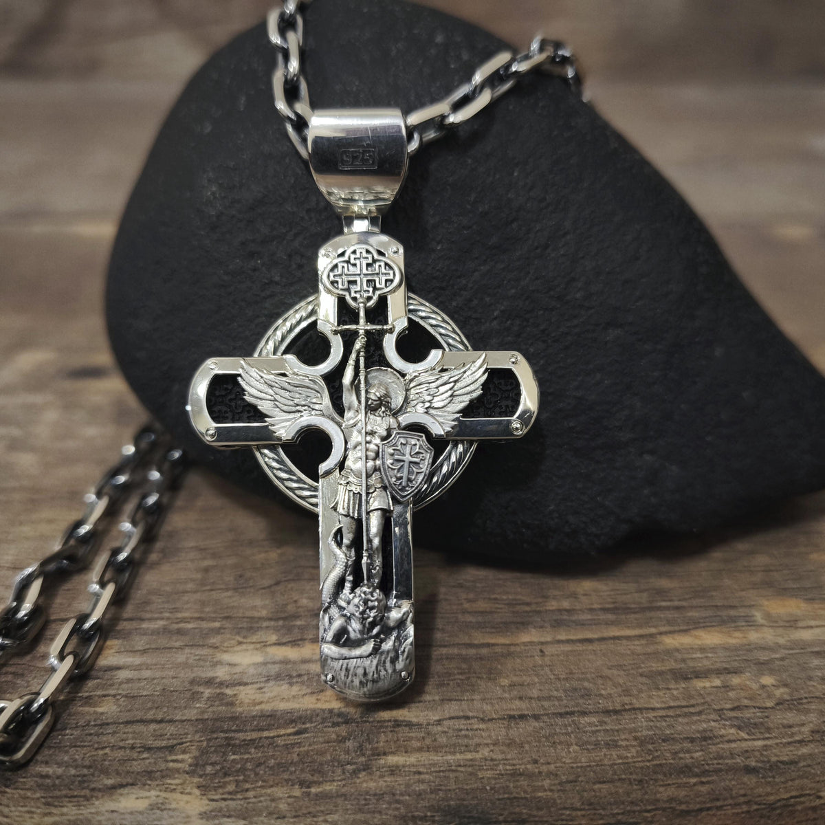 Personalized Saint Benedict Crucifix Necklace Archangel Saint Michael : Sterling Silver & Ebony Wood
