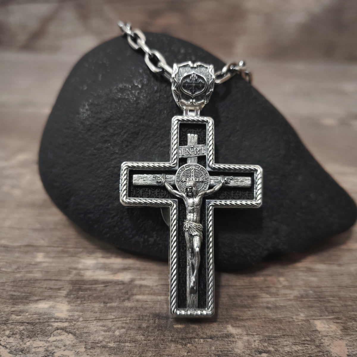 Personalized Saint Benedict Crucifix Necklace Archangel Saint Michael : Sterling Silver & Ebony Wood