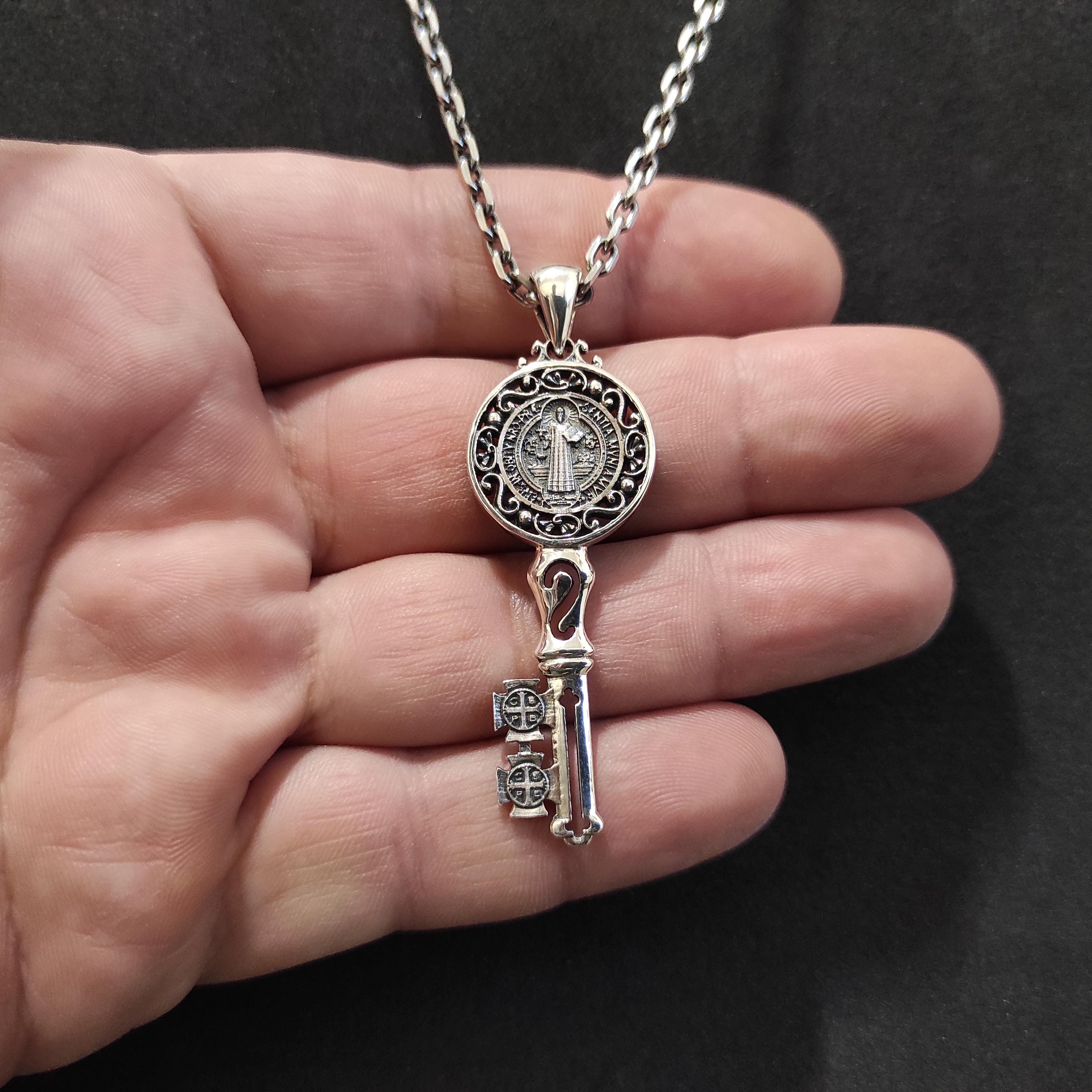 Saint Benedict Key Pendant: Sterling Silver Gothic Crucifix Necklace