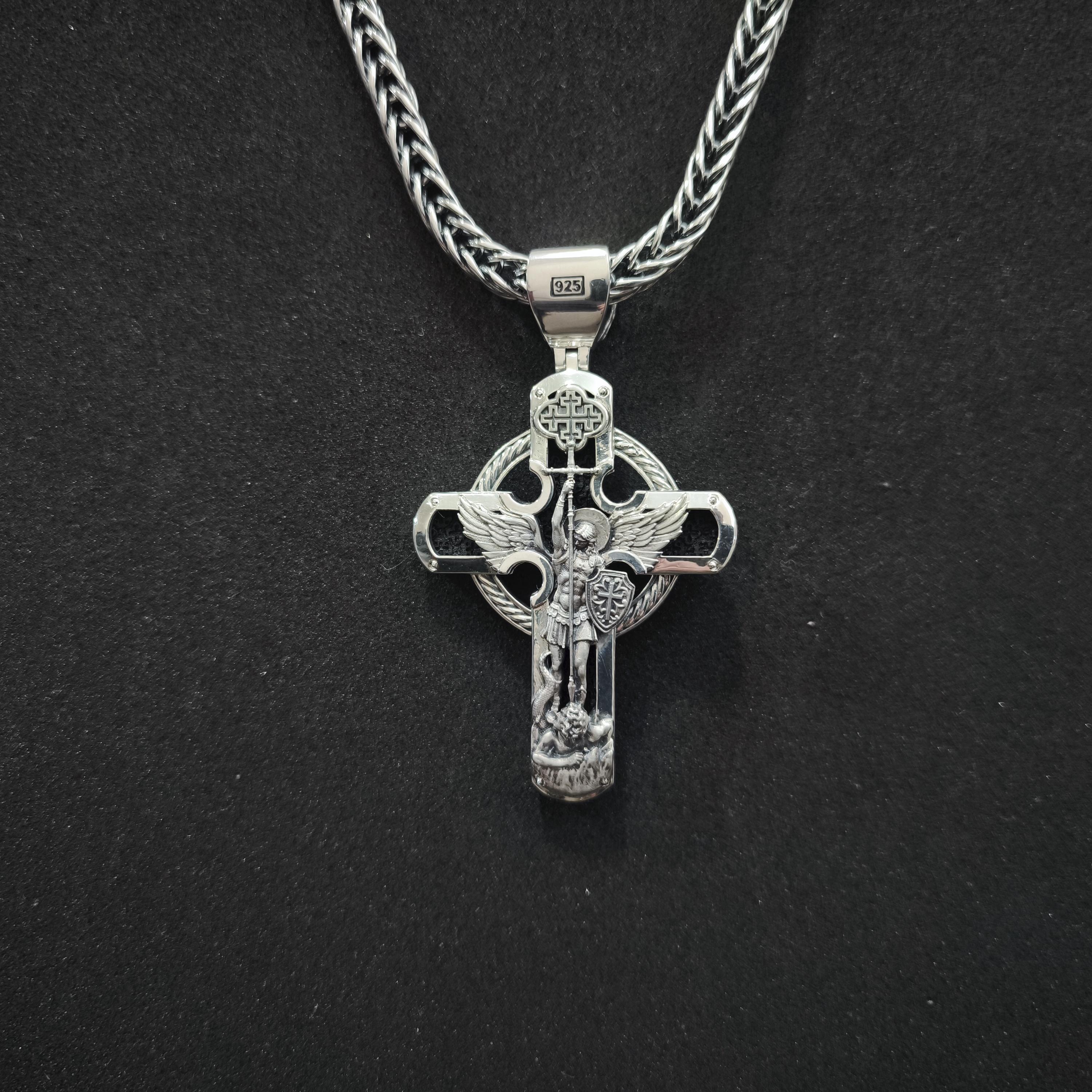 Sterling Silver Orthodox Cross Necklace - Archangel Michael, Ebony Wood