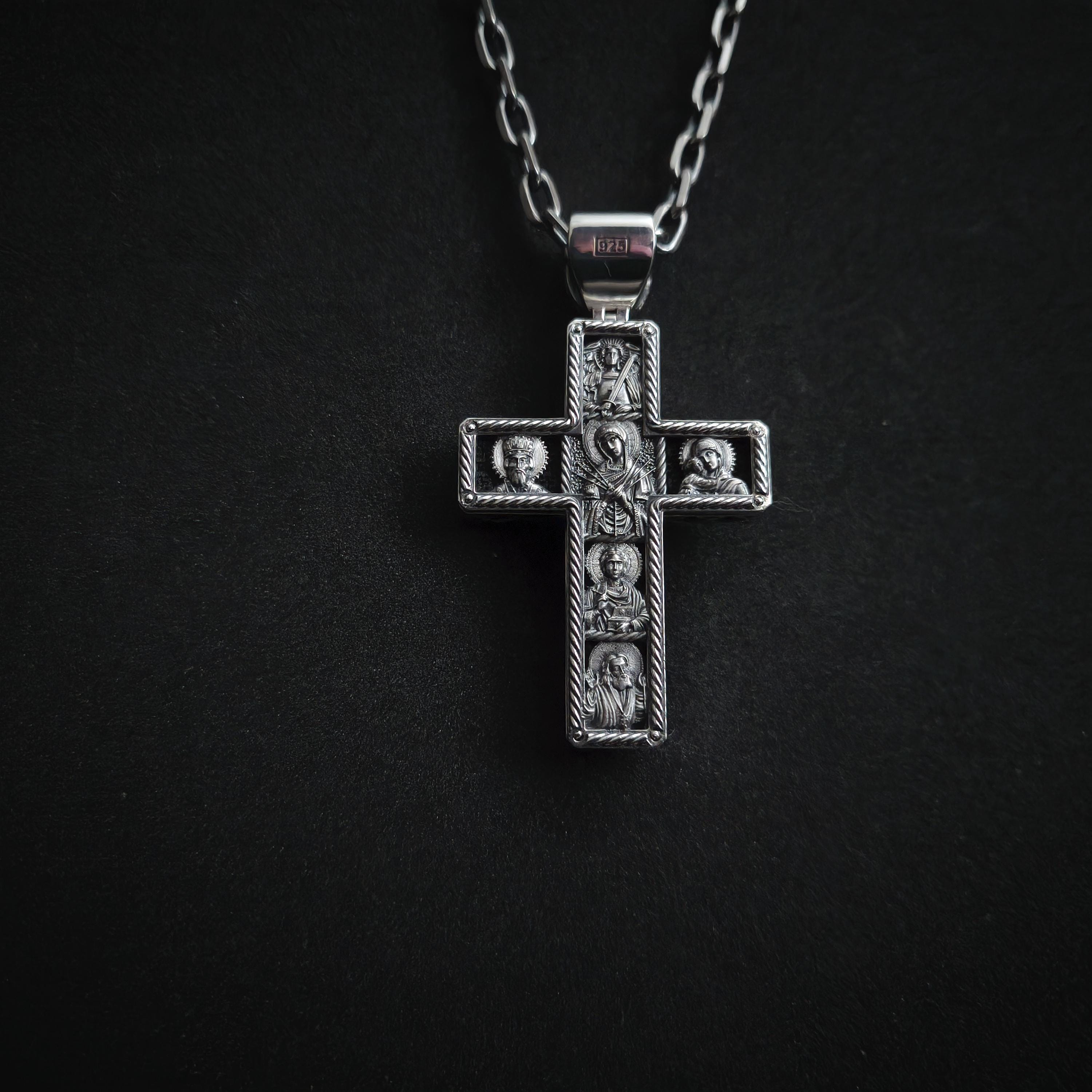 Sterling Silver Orthodox Crucifix Necklace Archangel Saint Michael & Ebony Wood - Religious Pendant