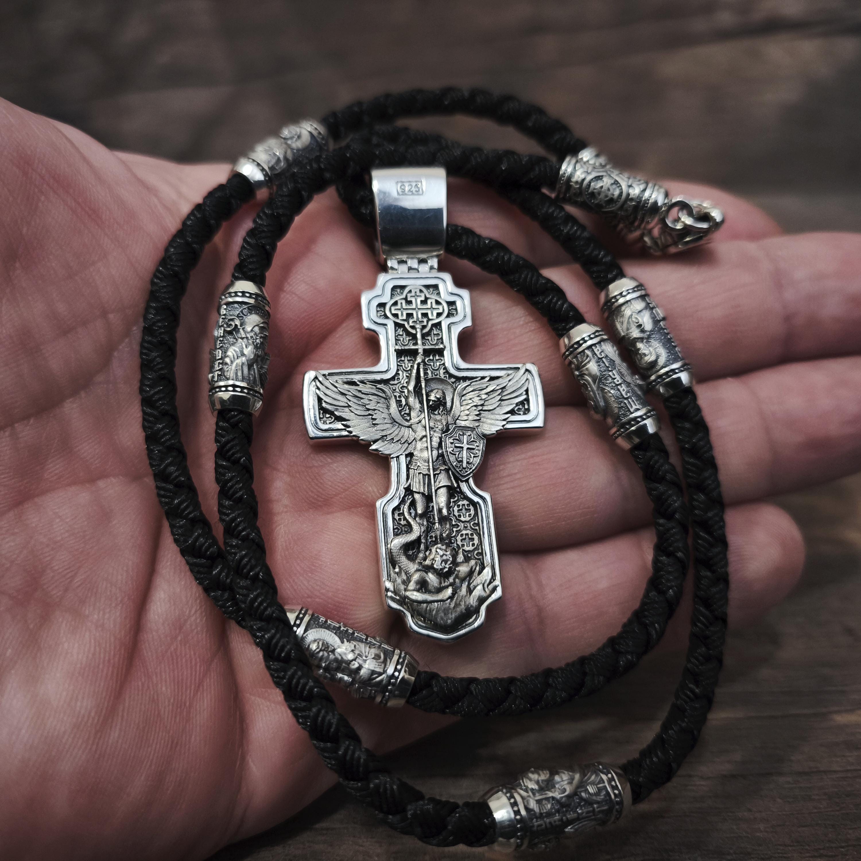 Personalized Jesus Cross Saint Benedict Crucifix Necklace Archangel Saint Michael : Sterling Silver