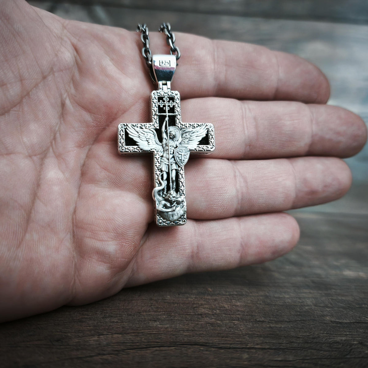 Personalized Saint Benedict Crucifix Necklace Archangel Saint Michael : Sterling Silver & Ebony Wood