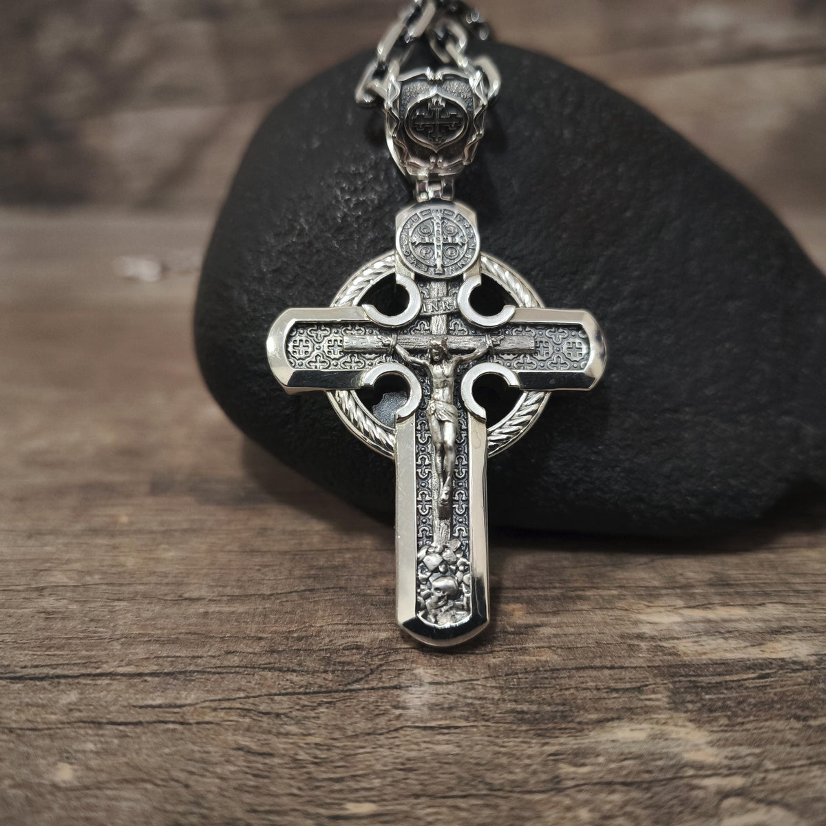 Personalized Jesus Cross Saint Benedict Crucifix Necklace Archangel Saint Michael: Sterling Silver