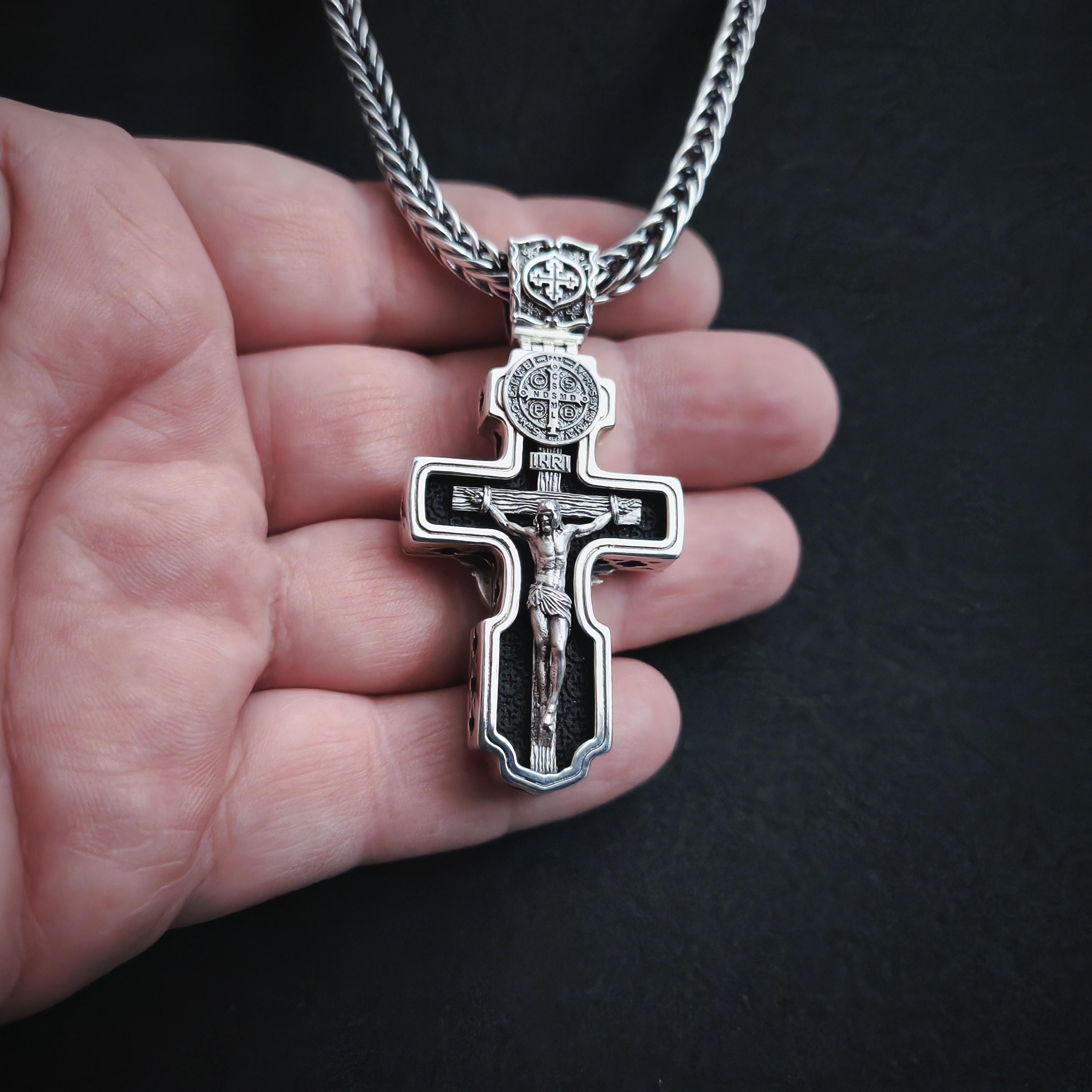 Personalized Saint Benedict Crucifix Necklace Archangel Saint Michael : Sterling Silver & Ebony Wood