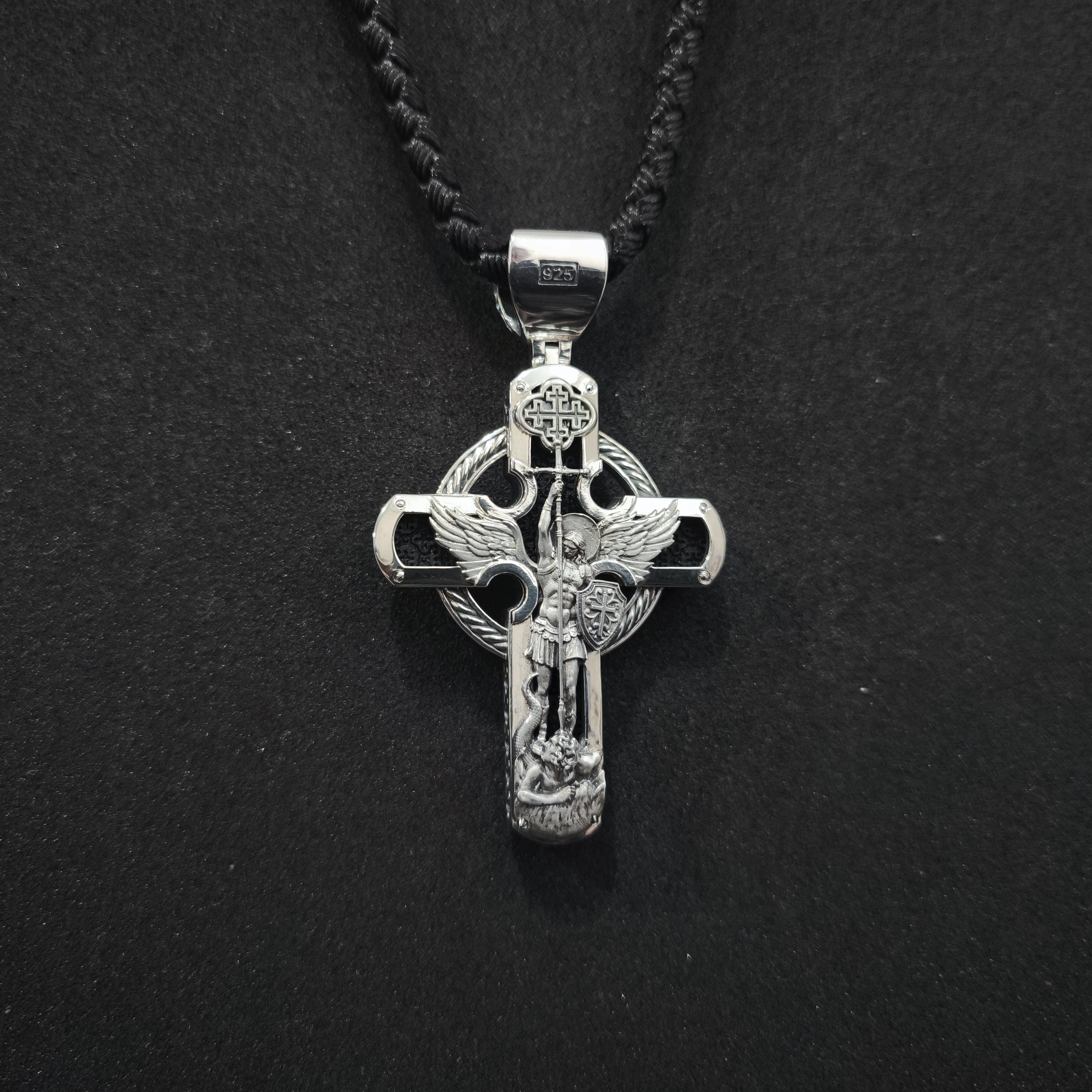 Personalized Jesus Cross Saint Benedict Crucifix Necklace Archangel Saint Michael : Sterling Silver & Ebony Wood