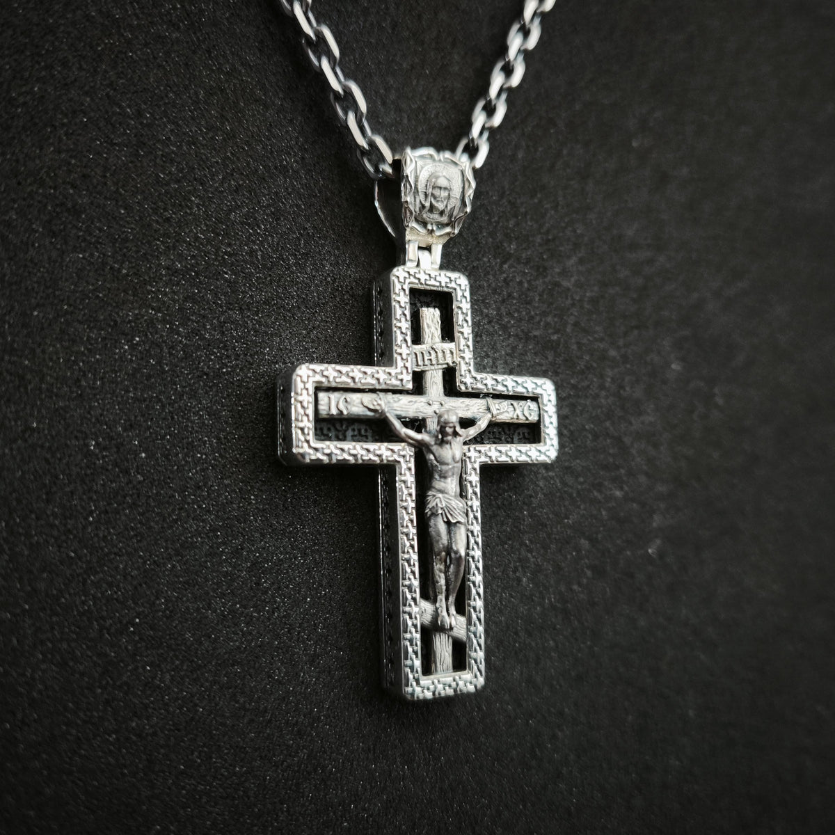 Sterling Silver Orthodox Crucifix Necklace Archangel Saint Michael & Ebony Wood - Religious Pendant