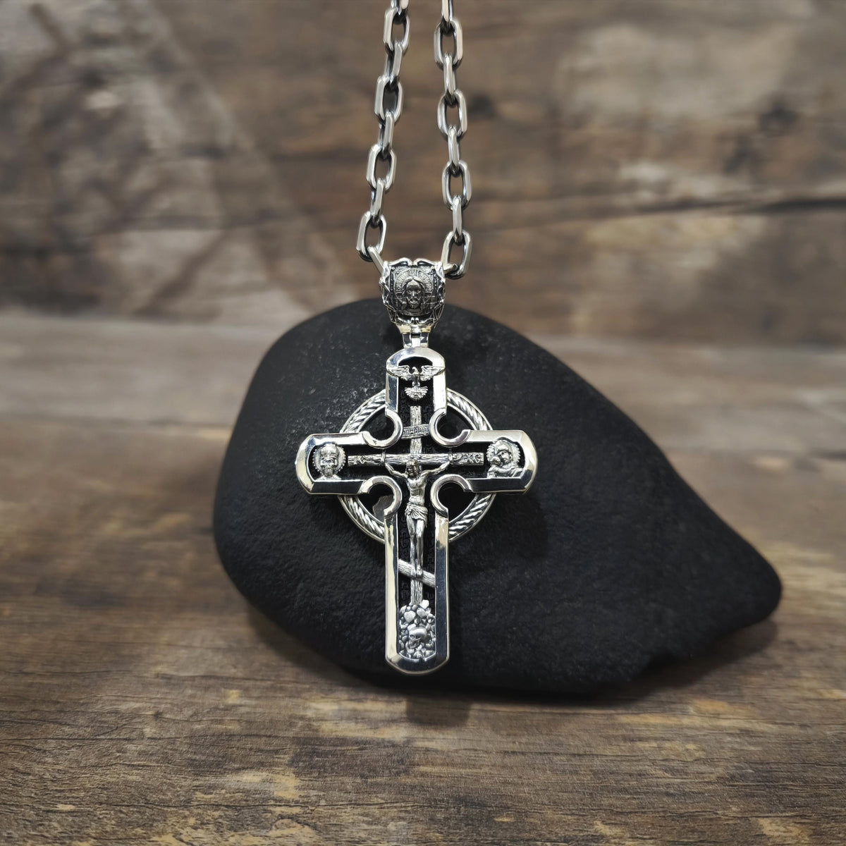 Sterling Silver Orthodox Crucifix Necklace Archangel Saint Michael & Ebony Wood - Religious Pendant