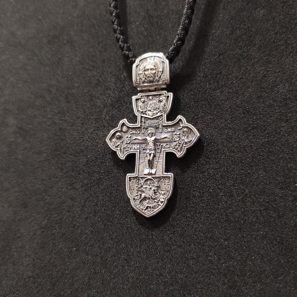 Orthodox Crucifix: Sterling Silver Jesus Cross Pendant with Silk Cord