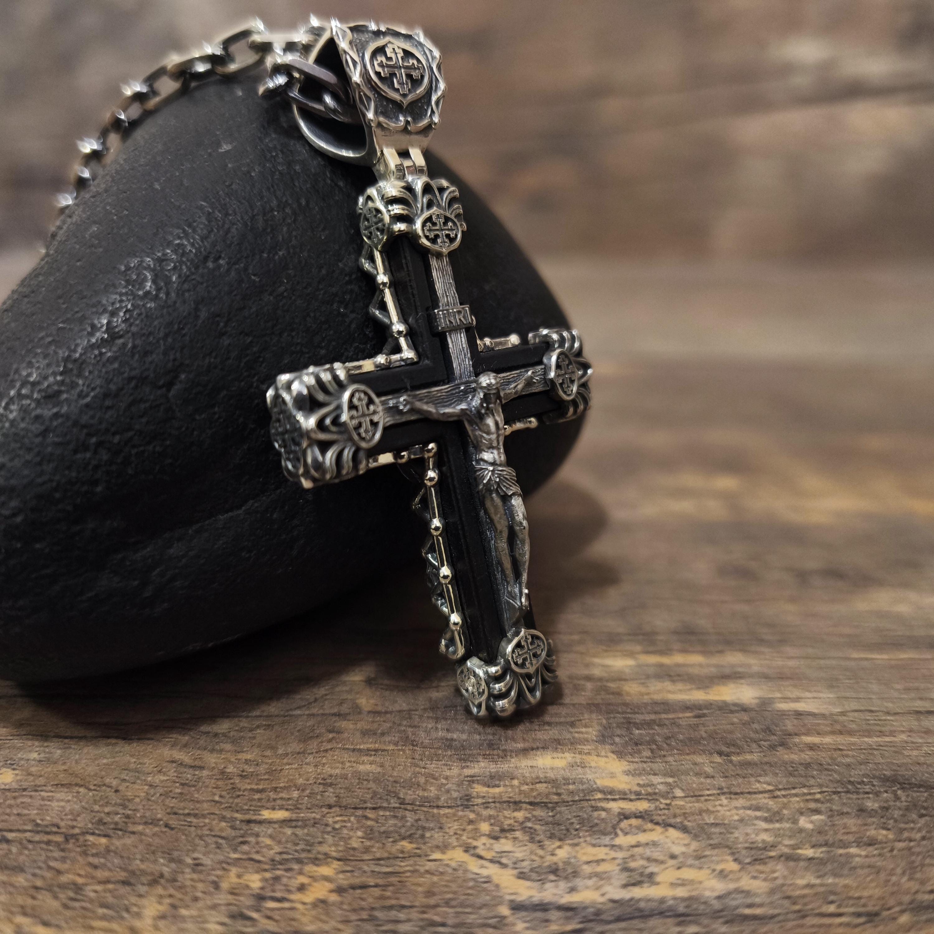 Sterling Silver Crucifix Archangel Michael Necklace & Ebony Wood - Religious Pendant