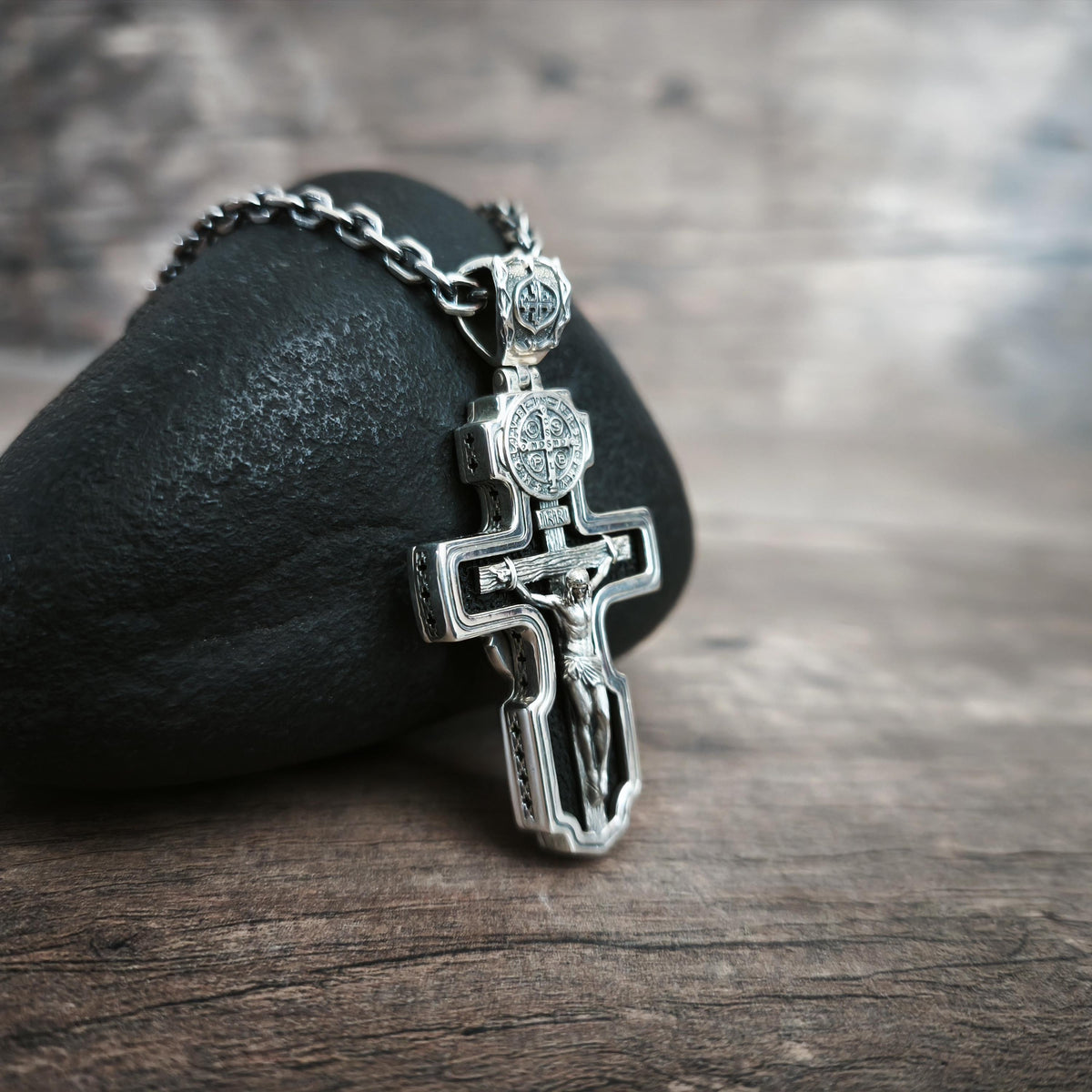 Personalized Saint Benedict Crucifix Necklace Archangel Saint Michael : Sterling Silver & Ebony Wood