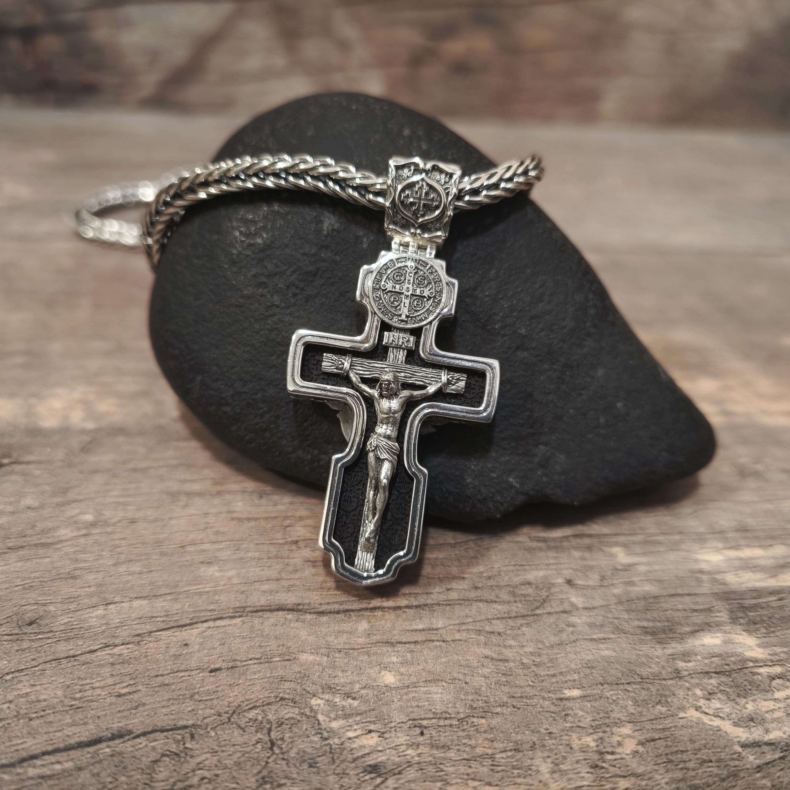 Personalized Saint Benedict Crucifix Necklace Archangel Saint Michael : Sterling Silver & Ebony Wood