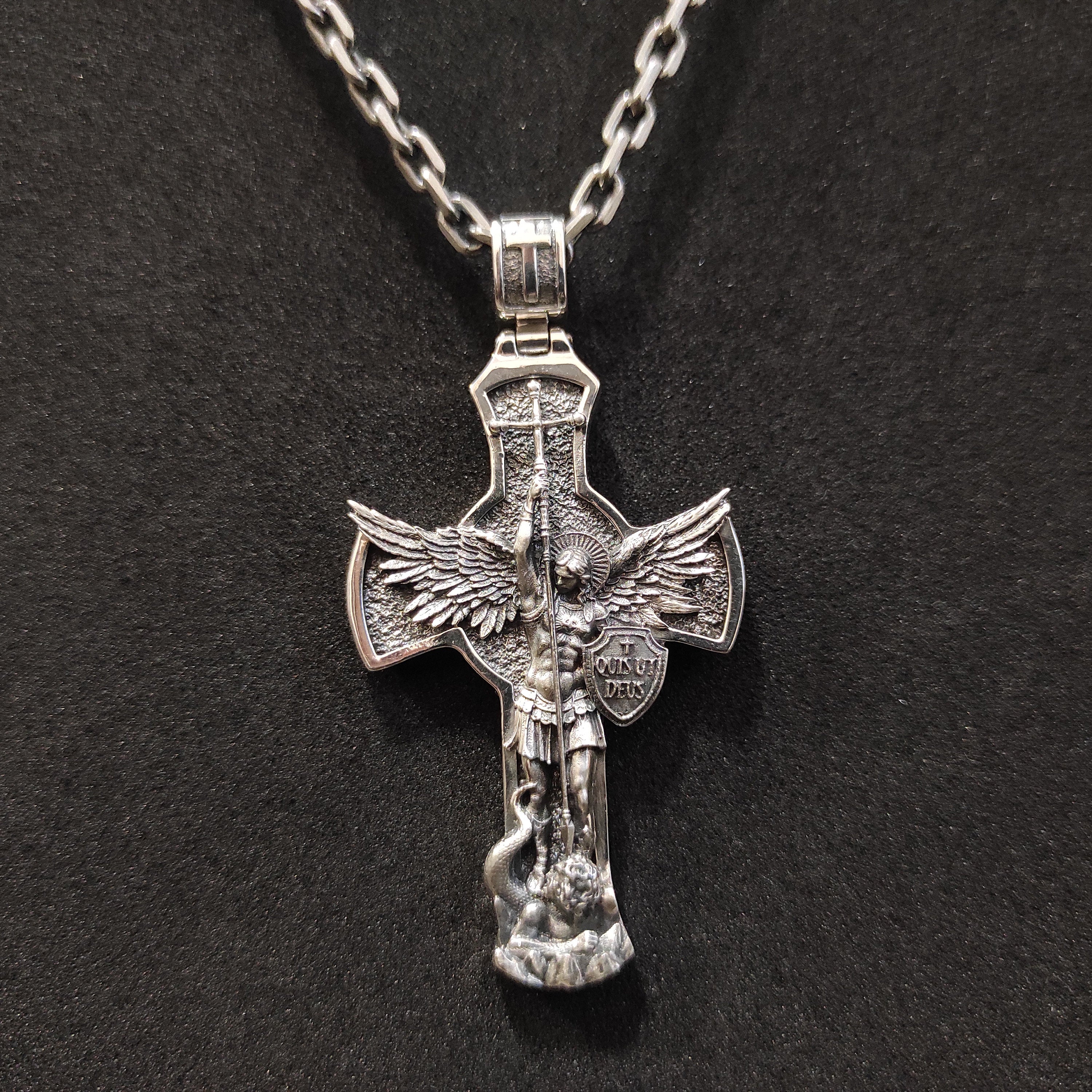 Sterling Silver Archangel Saint Michael Shield Pendant - Religious Necklace