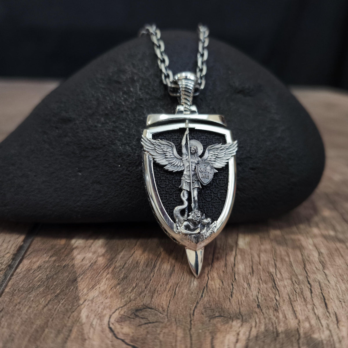 Personalized Sterling Silver Archangel Michael Shield Necklace - Ebony Wood Pendant