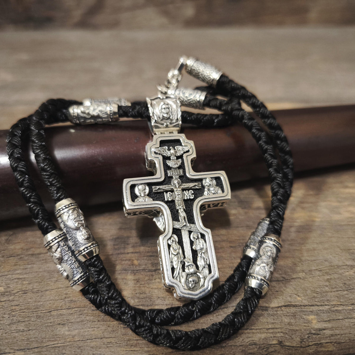 Sterling Silver Orthodox Crucifix Necklace: Jesus Cross Pendant, Ebony Wood