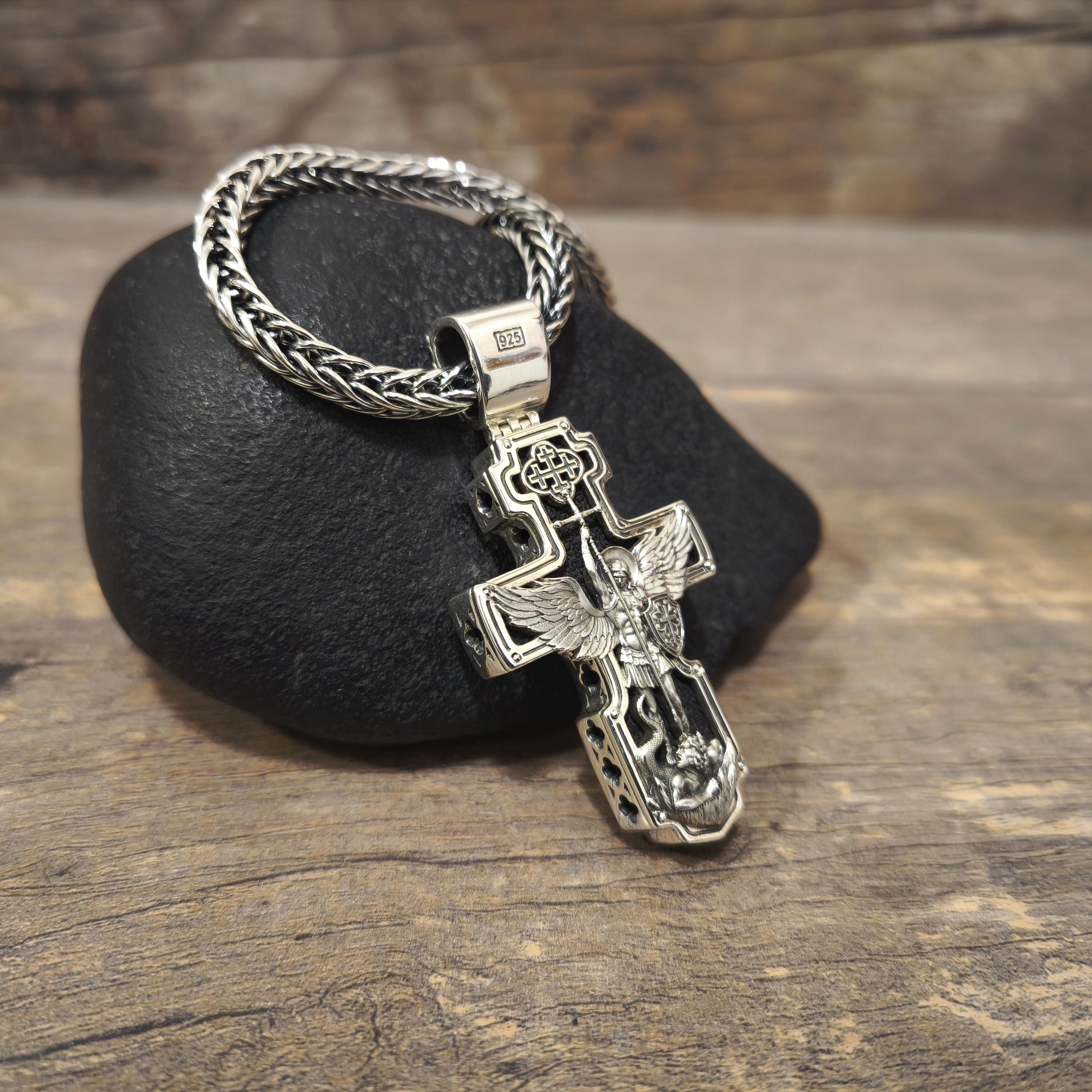Personalized Saint Benedict Crucifix Necklace Archangel Saint Michael : Sterling Silver & Ebony Wood
