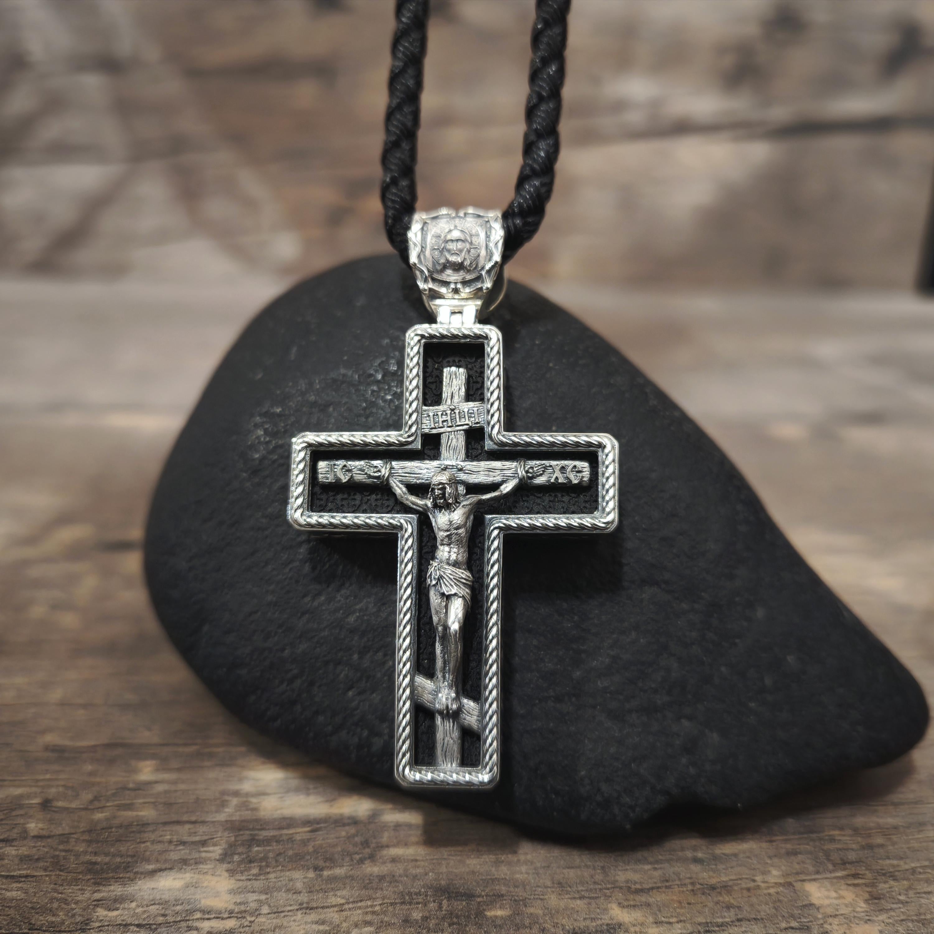 Sterling Silver Orthodox Crucifix Necklace: Jesus Cross Pendant, Ebony Wood