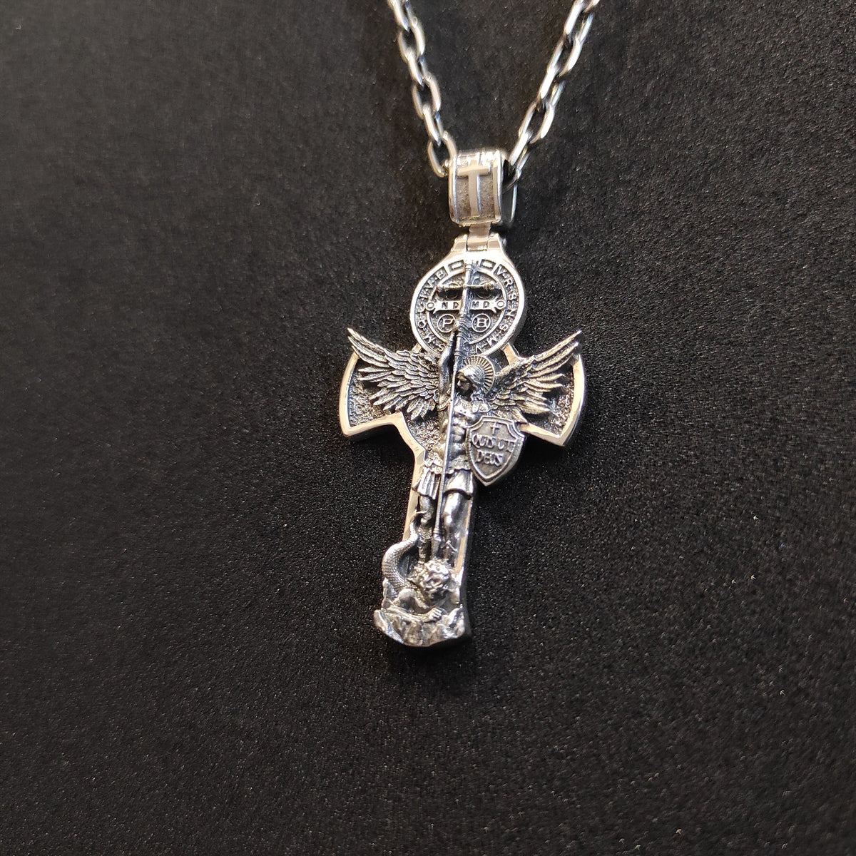 Sterling Silver Archangel Michael Necklace: Handmade St. Benedict Exorcism Cross