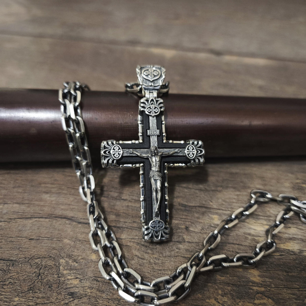 Sterling Silver Crucifix Archangel Michael Necklace & Ebony Wood - Religious Pendant