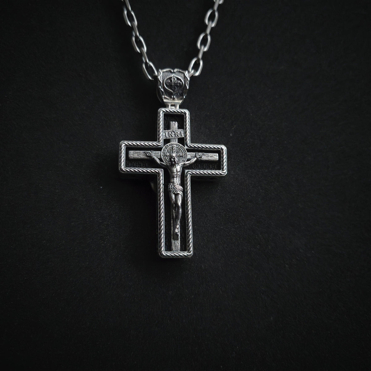 Personalized Saint Benedict Crucifix Necklace Archangel Saint Michael : Sterling Silver & Ebony Wood