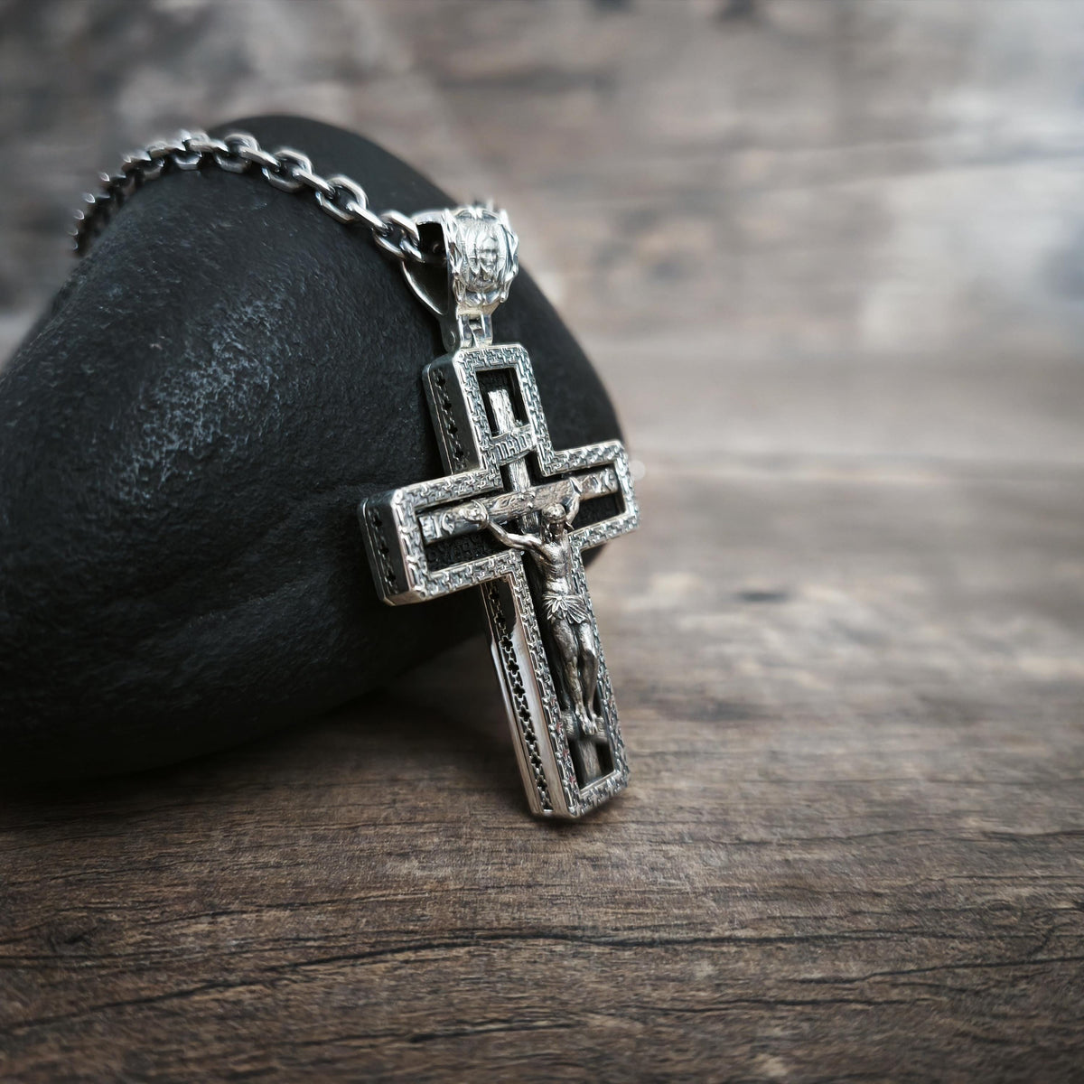 Sterling Silver Orthodox Crucifix Necklace Archangel Saint Michael & Ebony Wood - Religious Pendant