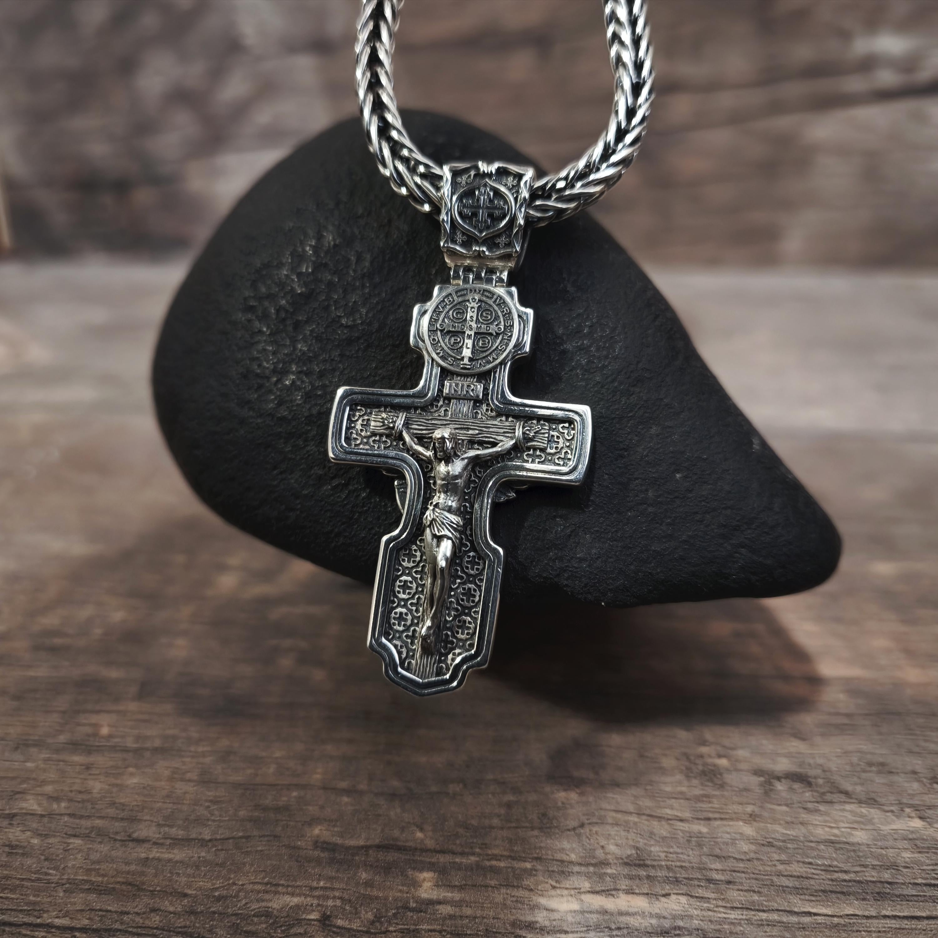 Personalized Saint Benedict Crucifix Necklace Archangel Saint Michael: Sterling Silver