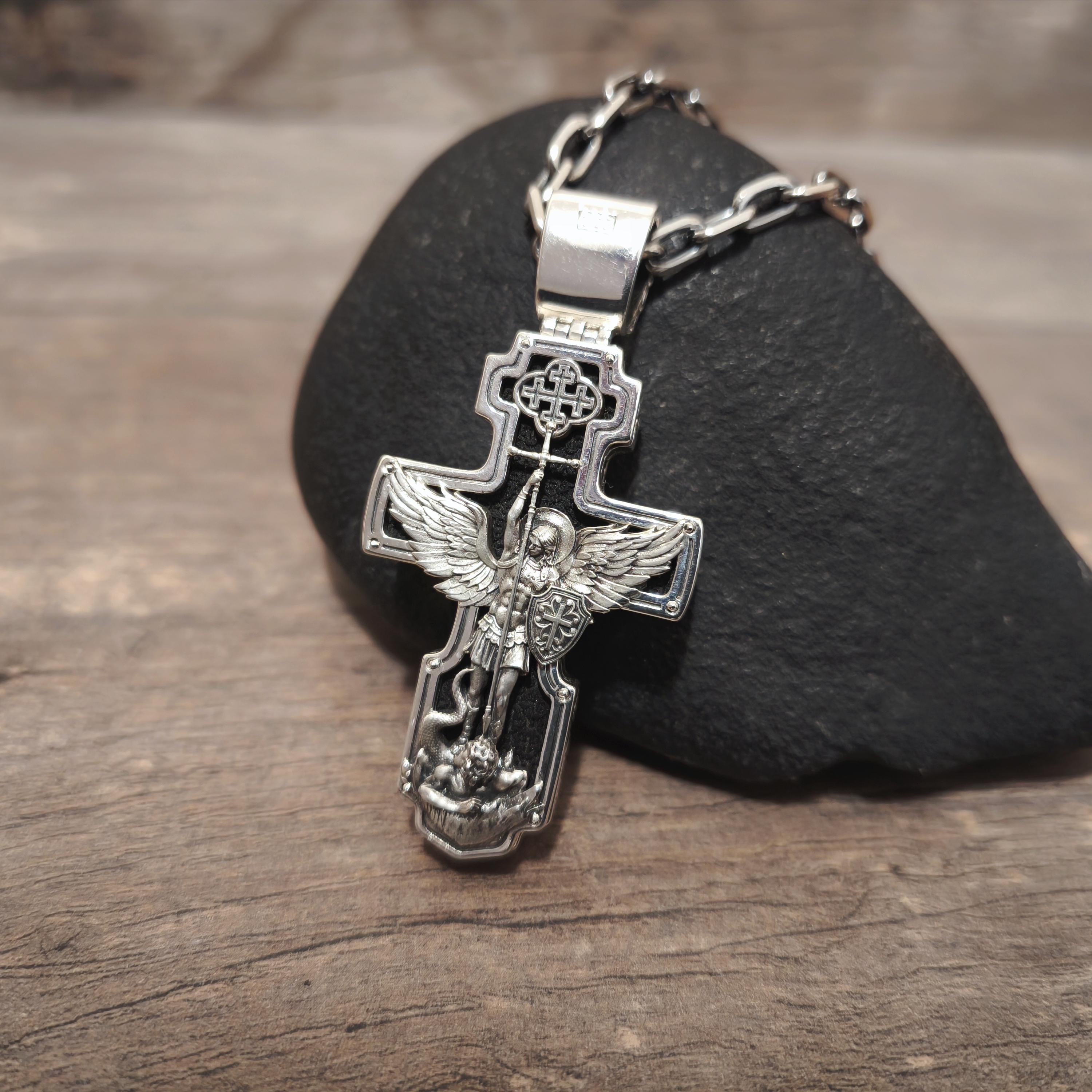 Personalized Saint Benedict Crucifix Necklace Archangel Saint Michael : Sterling Silver & Ebony Wood