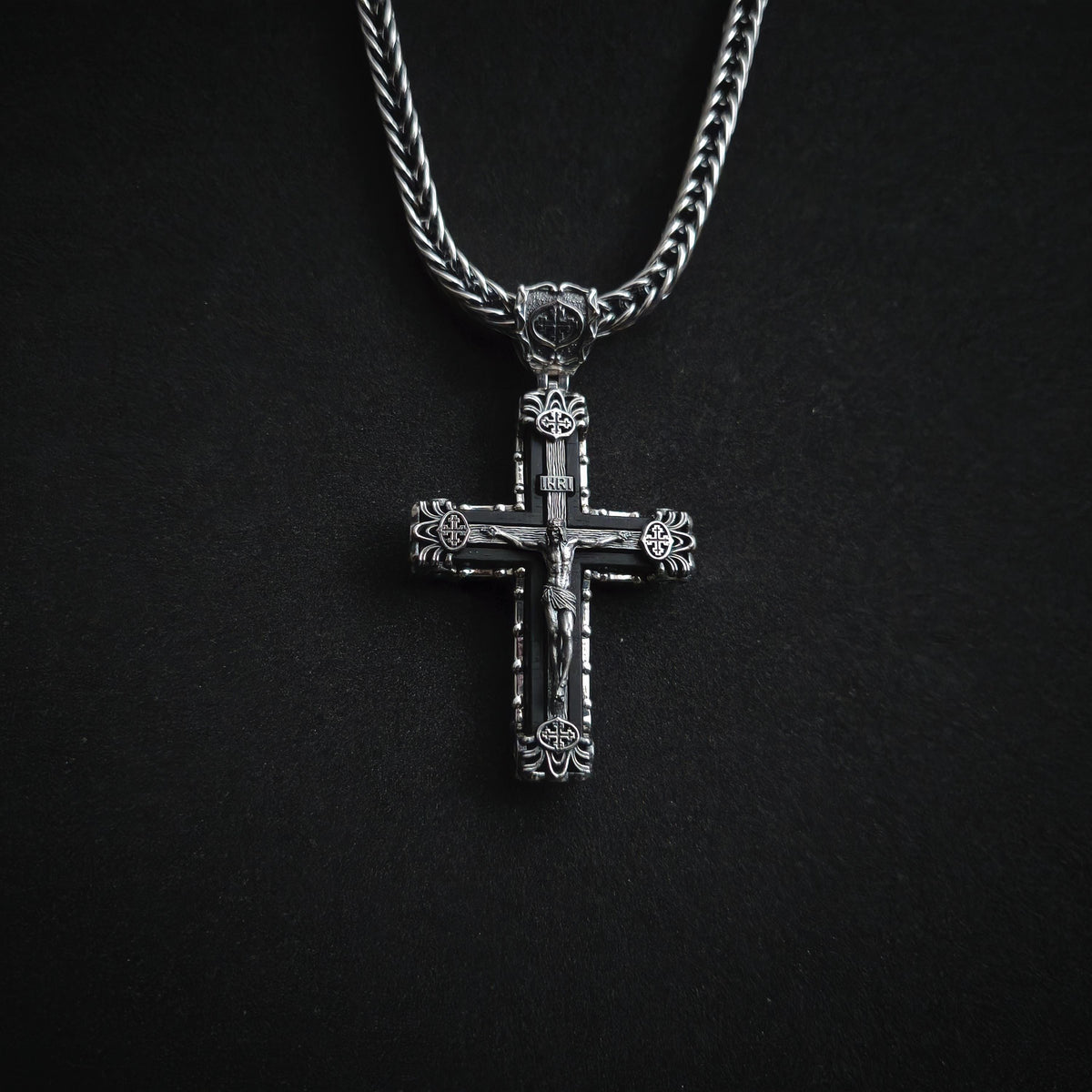 Sterling Silver Crucifix Archangel Michael Necklace & Ebony Wood - Religious Pendant