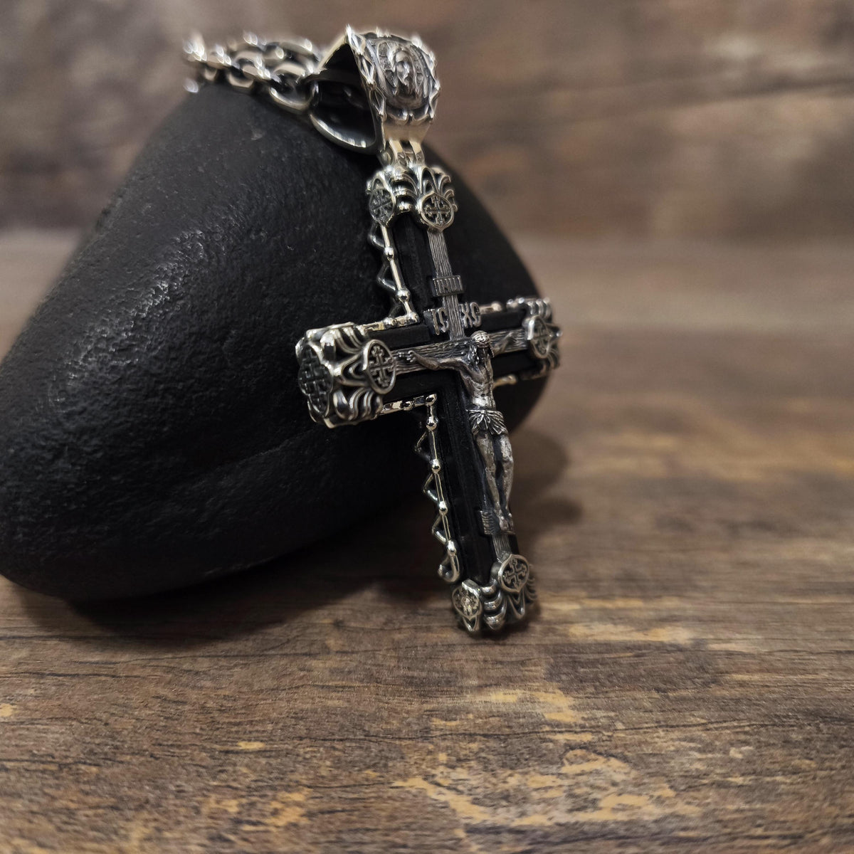 Sterling Silver Orthodox Crucifix Necklace & Ebony Wood - Religious Pendant