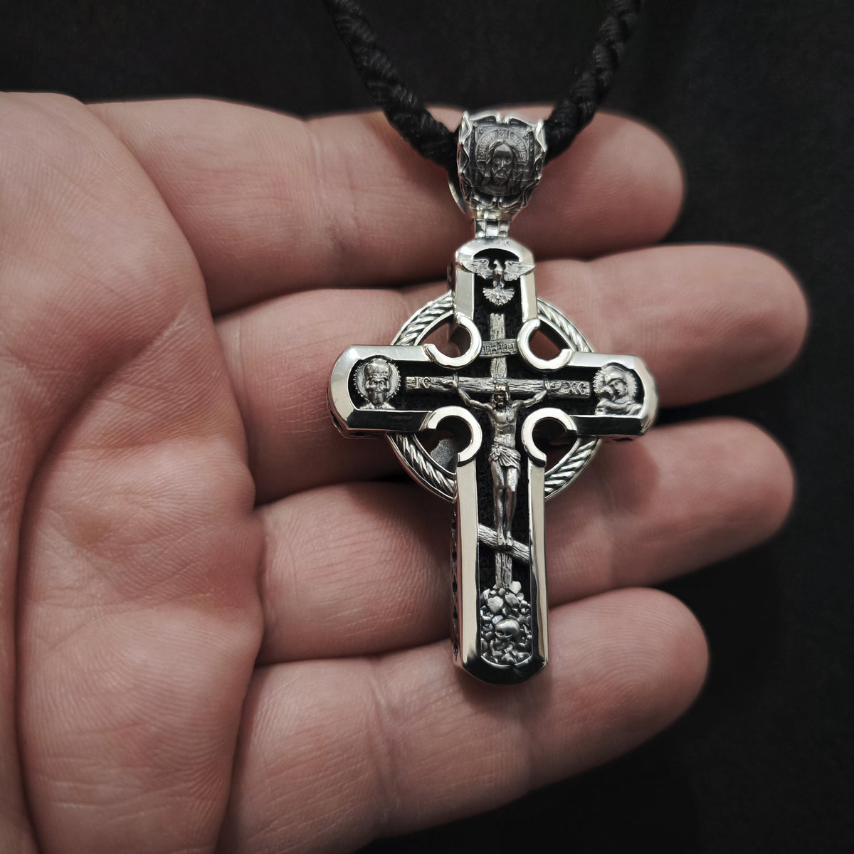 Sterling Silver Orthodox Crucifix Necklace: Jesus Cross Pendant, Ebony Wood