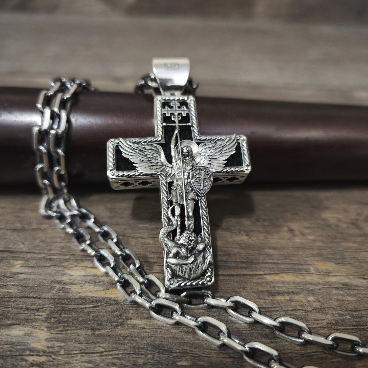 Personalized Saint Benedict Crucifix Necklace Archangel Saint Michael : Sterling Silver & Ebony Wood