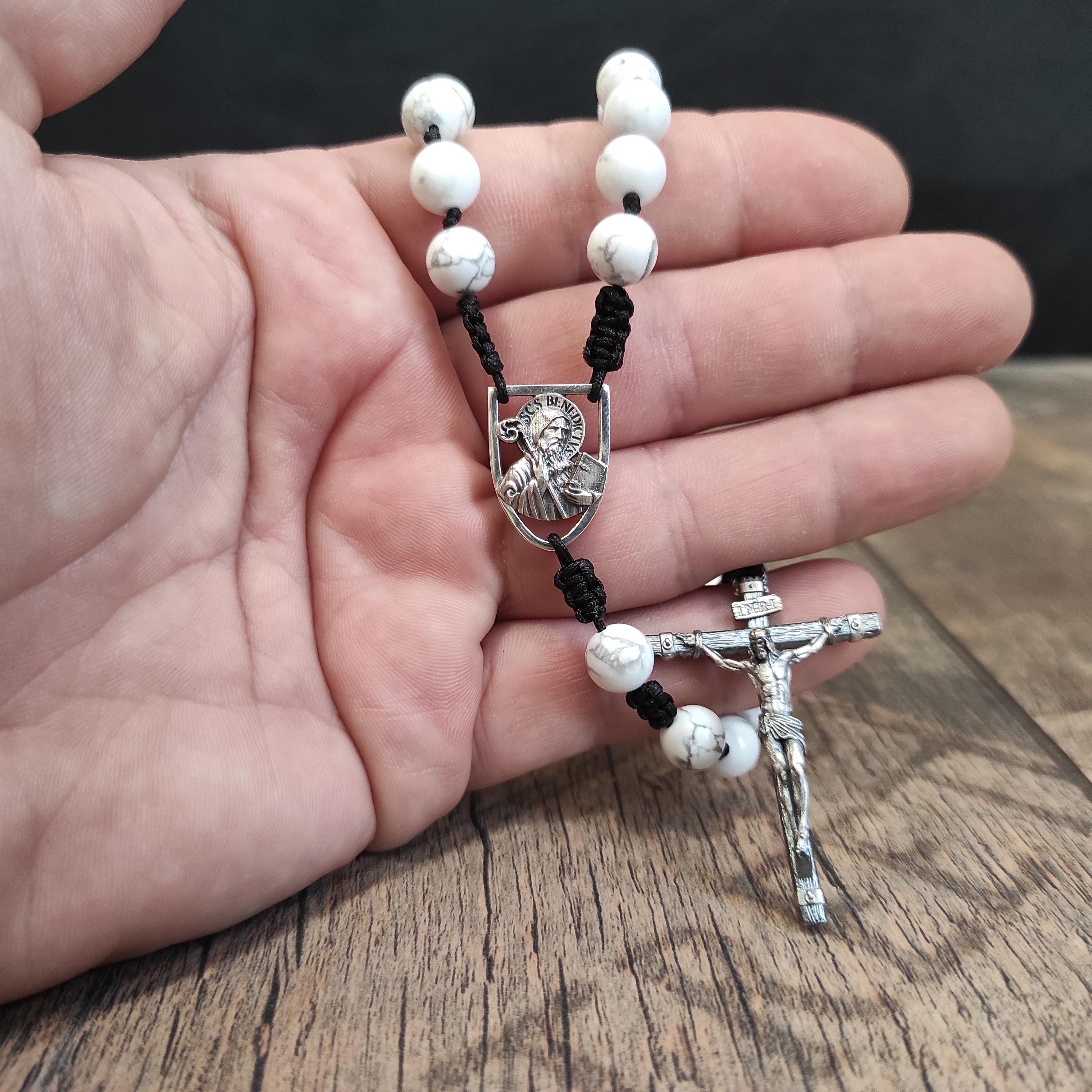 Sterling Silver Saint Benedict Rosary: White Howlite Beads, Catholic Exorcism Pendant