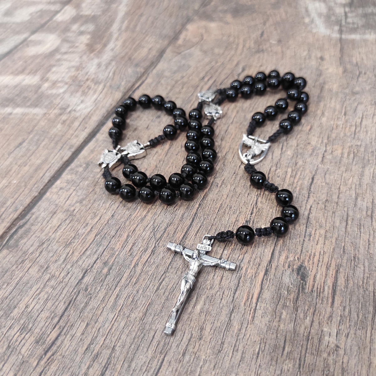 Handmade Sterling Silver St. Michael Rosary with Black Agate Beads