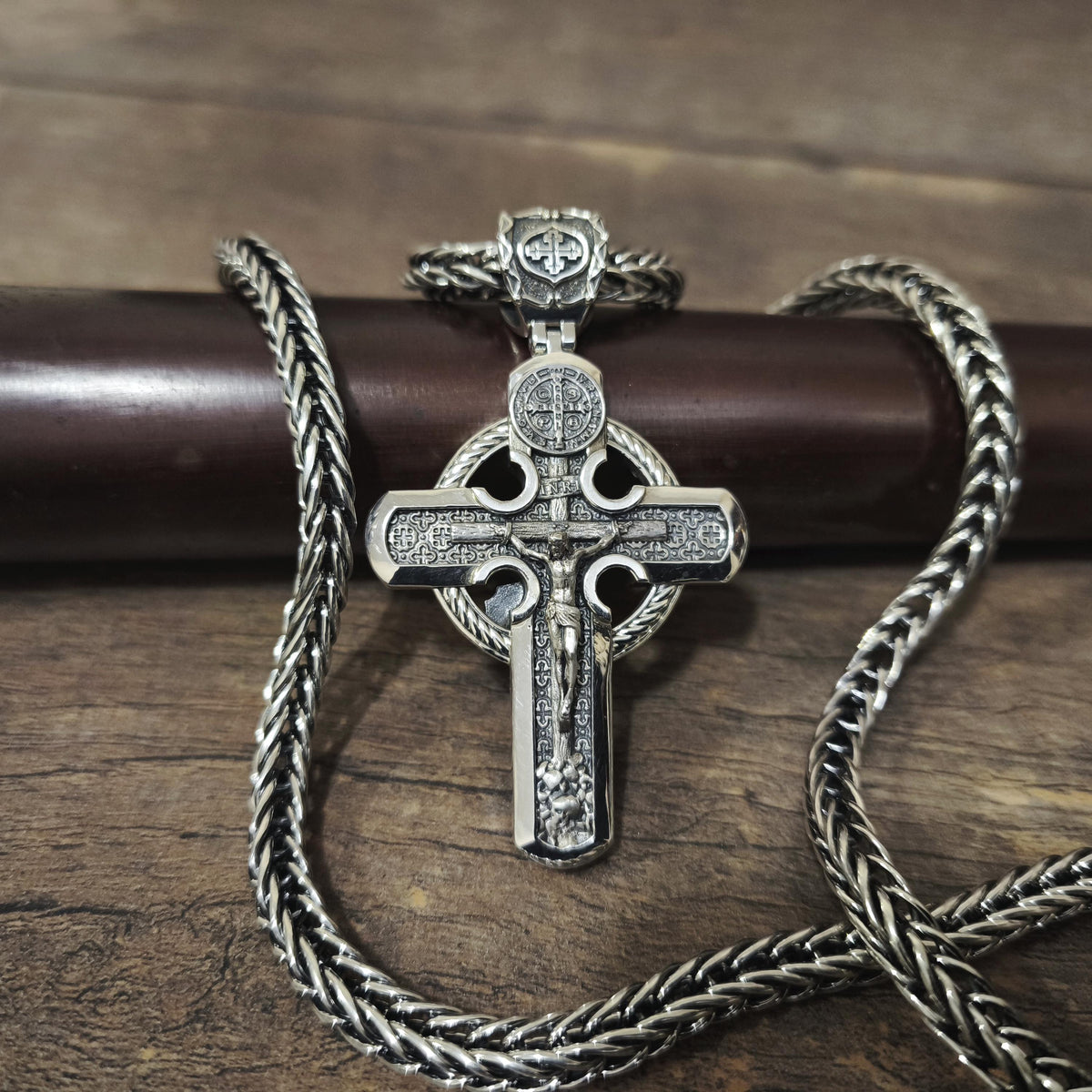 Personalized Saint Benedict Crucifix Necklace Archangel Saint Michael: Sterling Silver