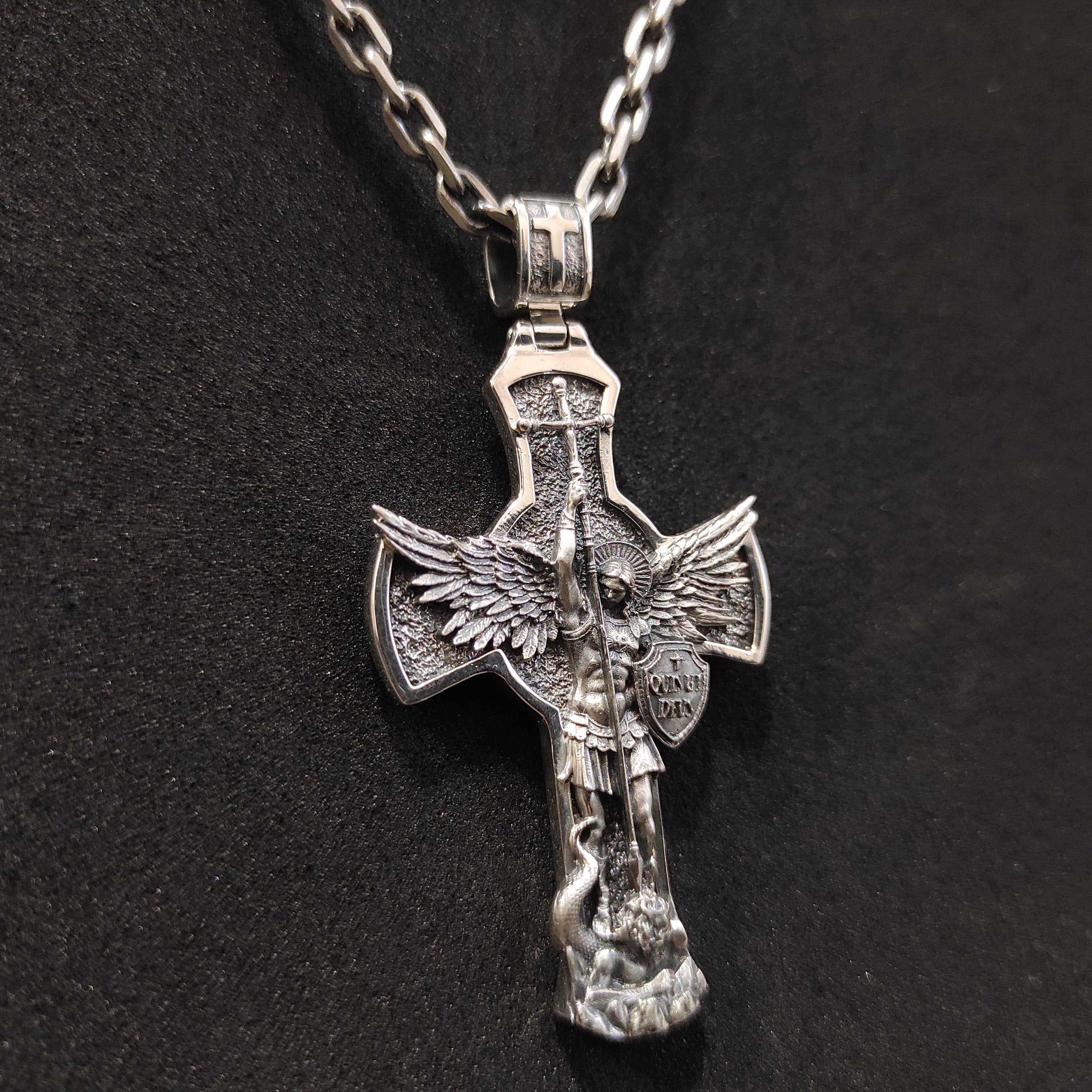 Sterling Silver Archangel Saint Michael Shield Pendant - Religious Necklace