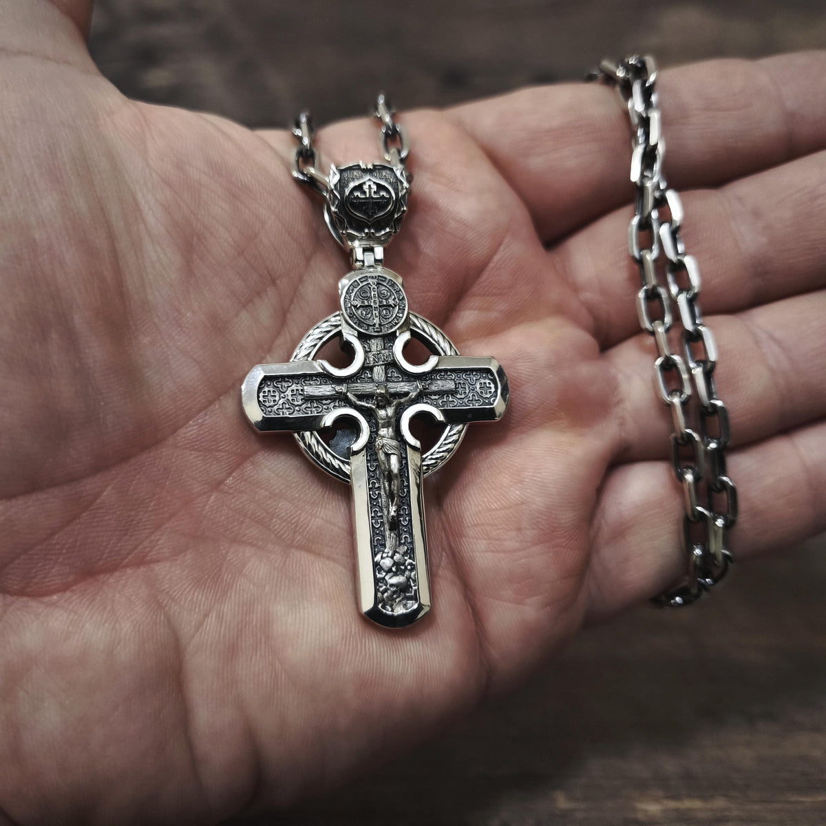 Personalized Jesus Cross Saint Benedict Crucifix Necklace Archangel Saint Michael: Sterling Silver