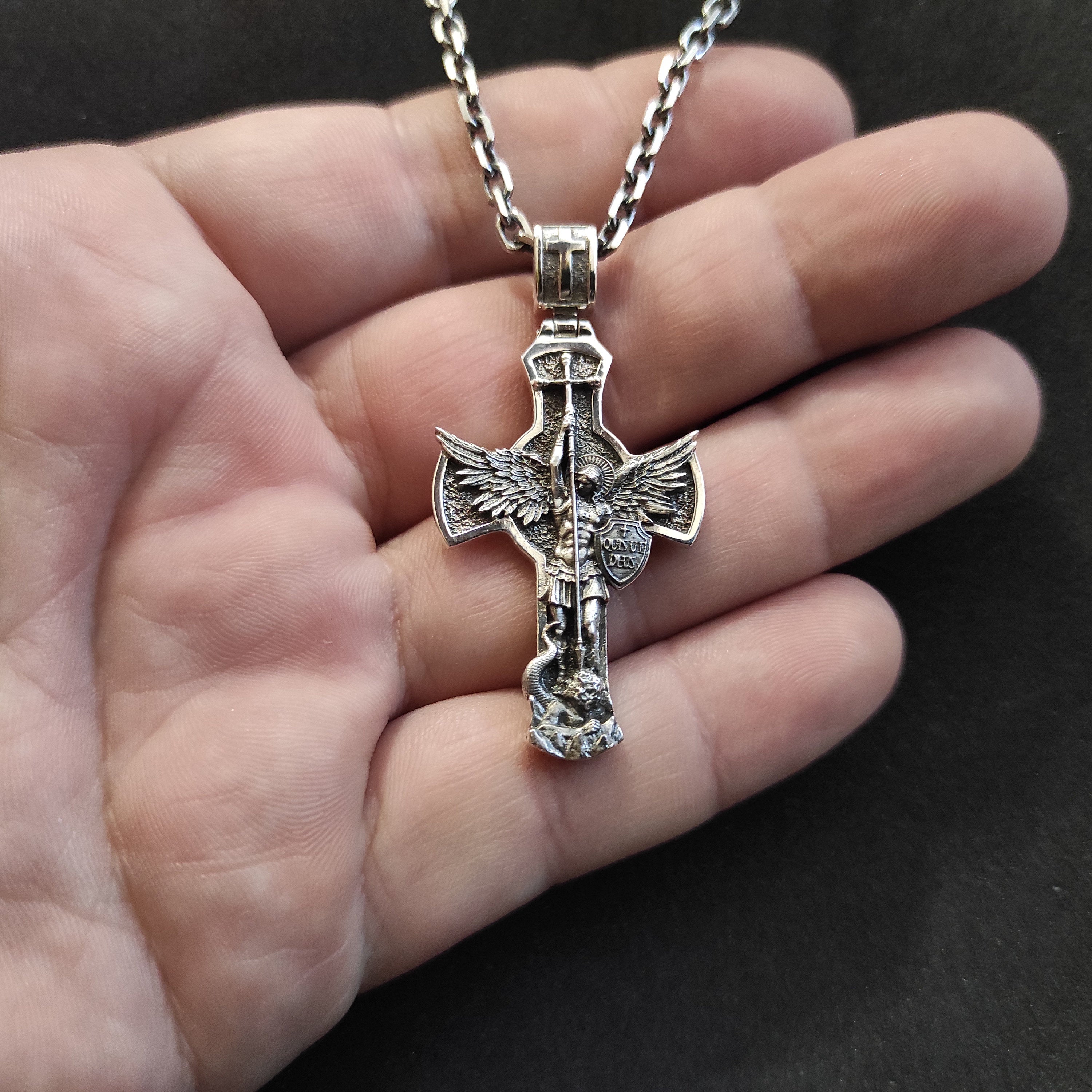 Sterling Silver Archangel Michael Shield Pendant Necklace: Religious Gift