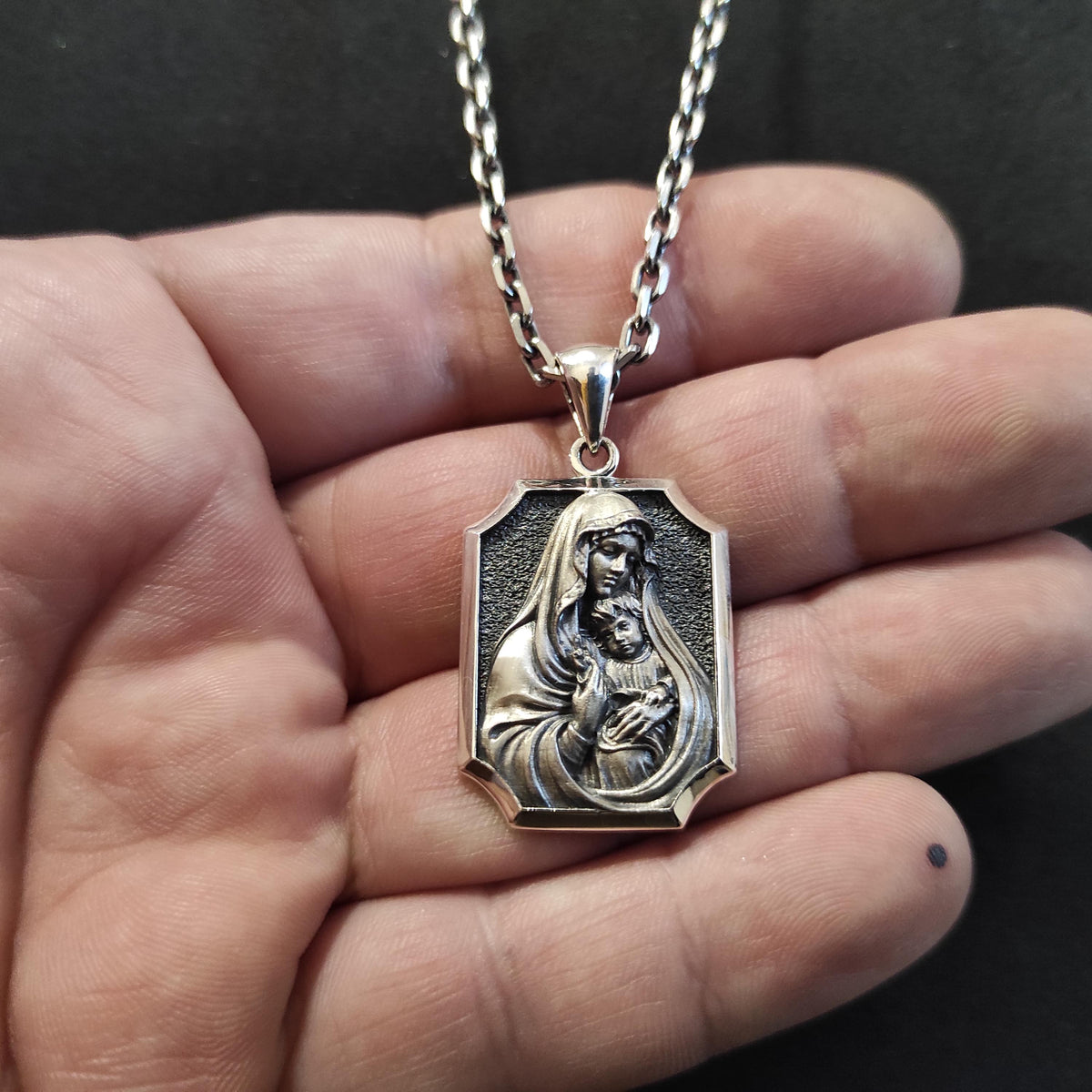 Sterling Silver Miraculous Medal Necklace: Virgin Mary & Baby Jesus