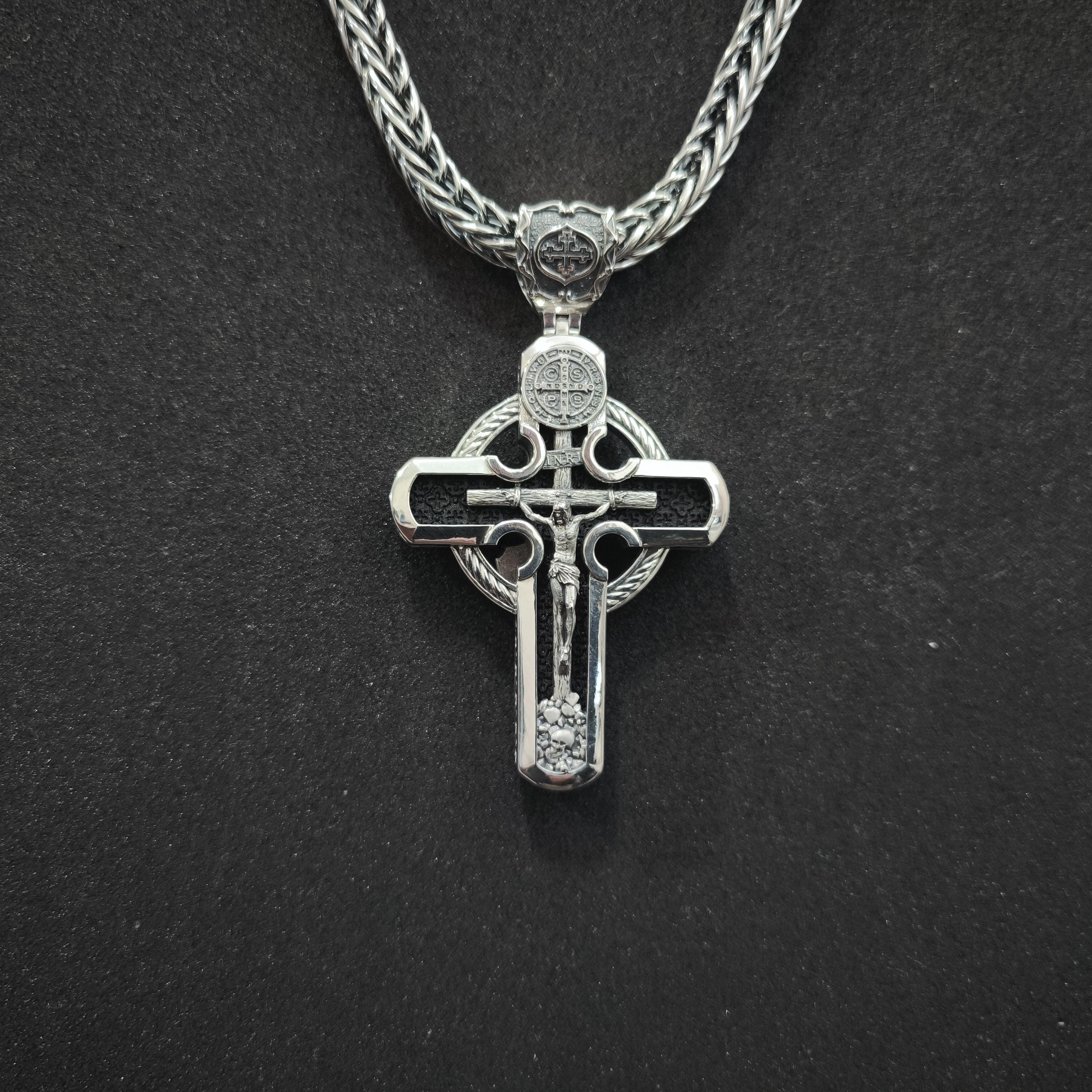Personalized Saint Benedict Crucifix Necklace Archangel Saint Michael : Sterling Silver & Ebony Wood
