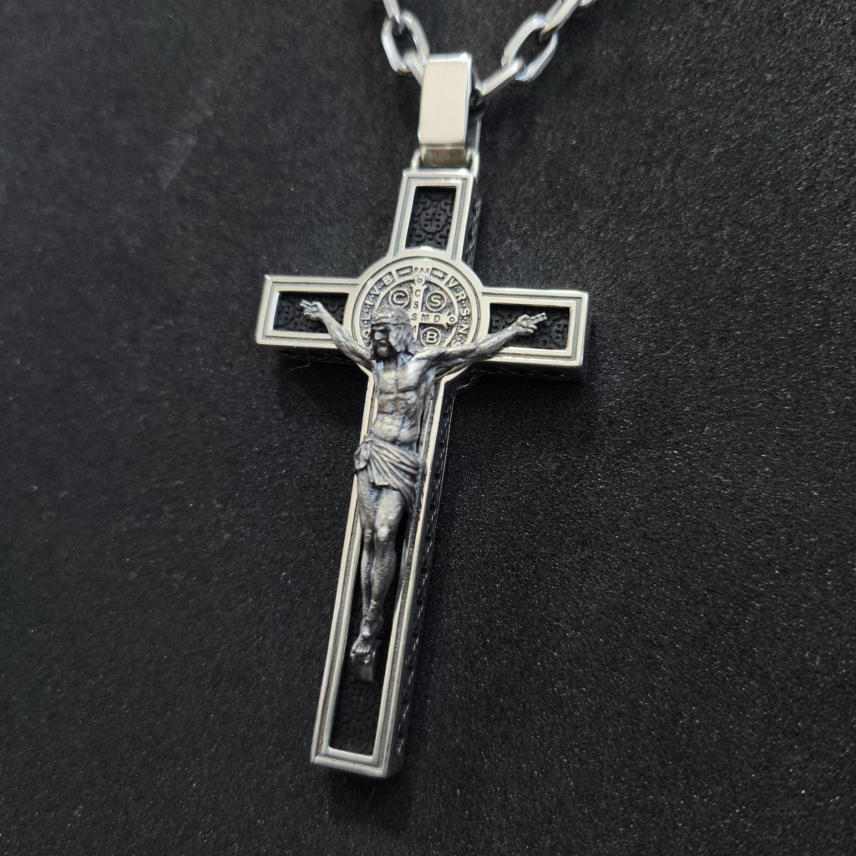 Personalized Saint Benedict Crucifix Necklace: Sterling Silver & Ebony Wood