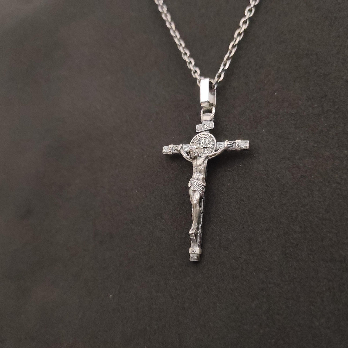 Handmade Saint Benedict Silver Crucifix Necklace: Religious Gift