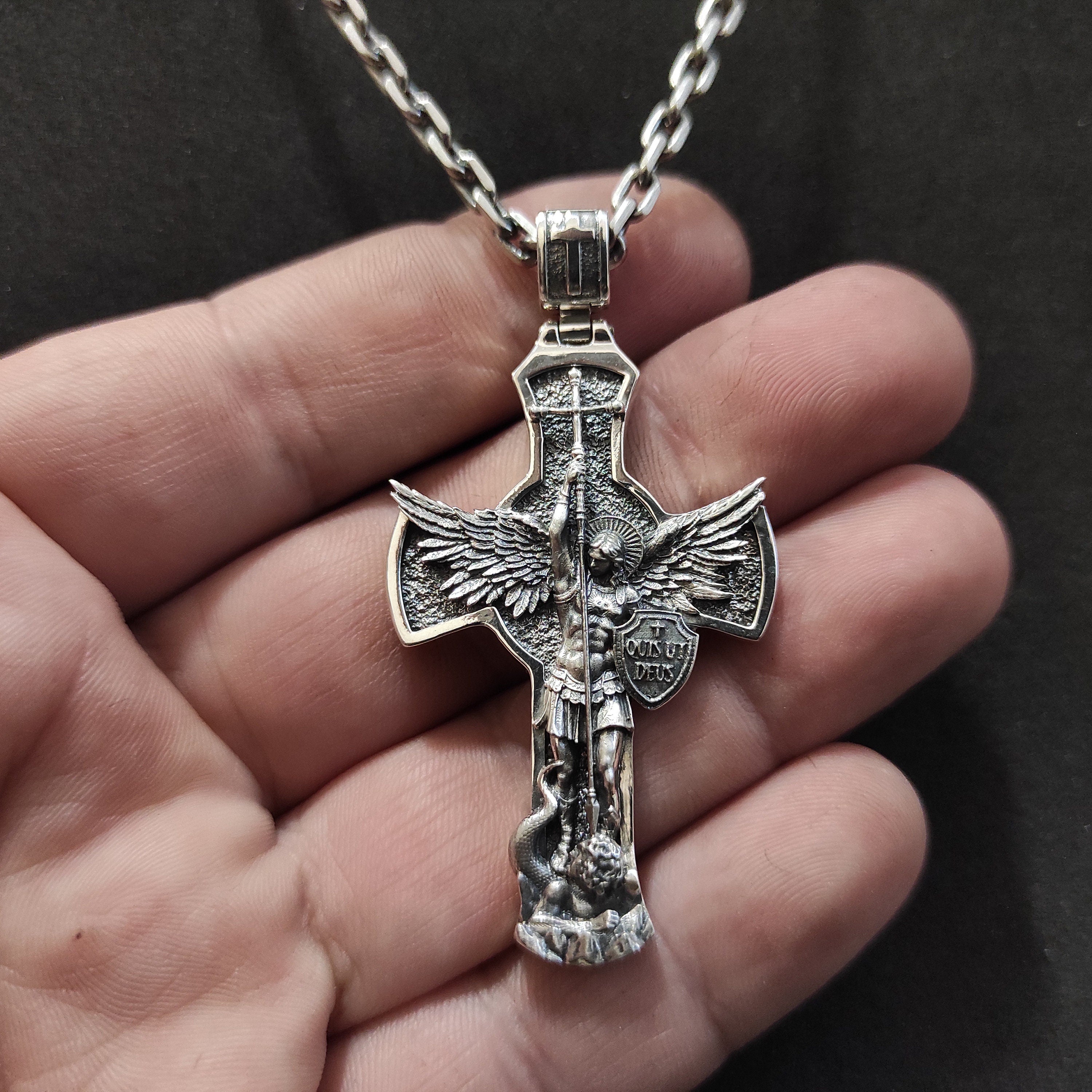 Sterling Silver Archangel Saint Michael Shield Pendant - Religious Necklace