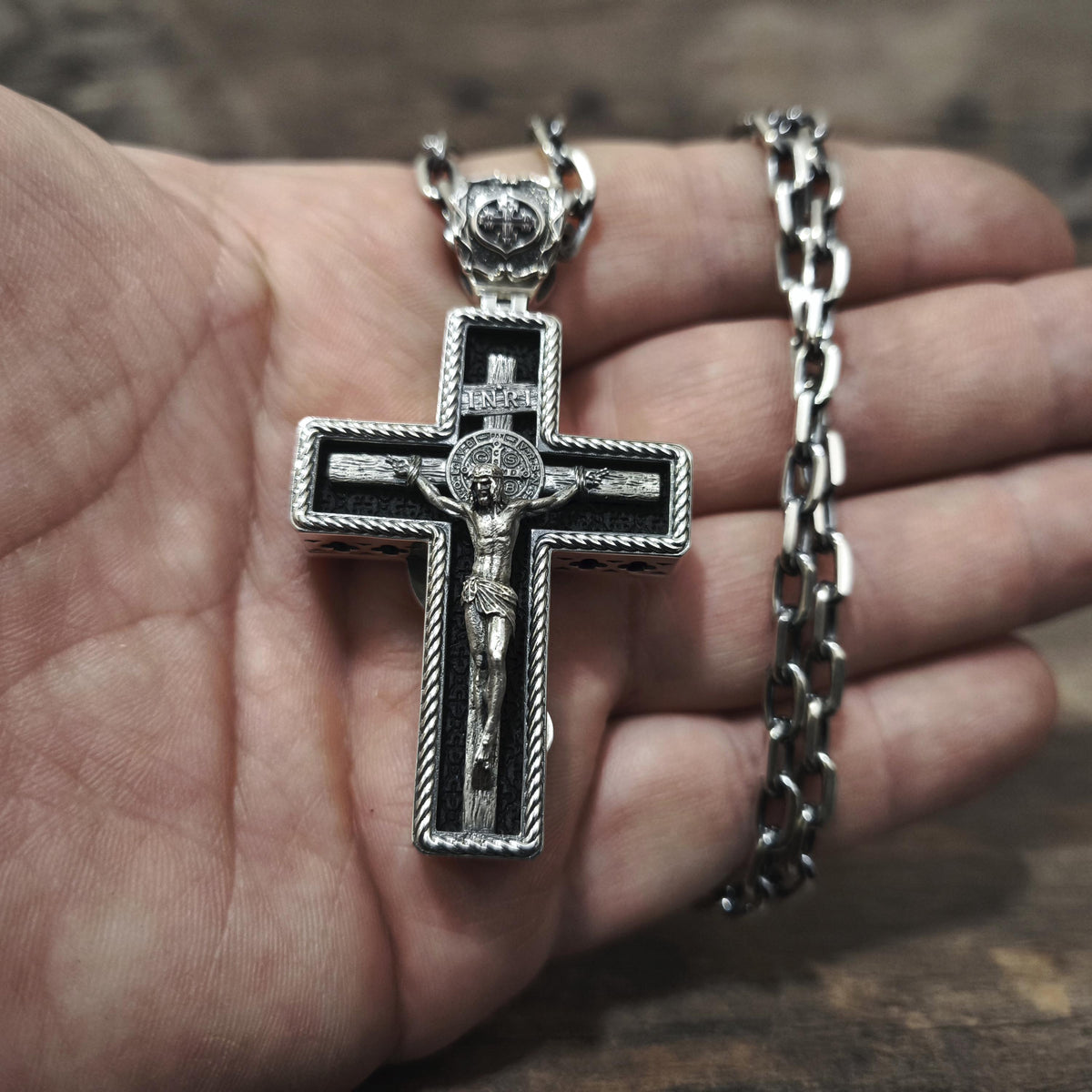 Personalized Saint Benedict Crucifix Necklace Archangel Saint Michael : Sterling Silver & Ebony Wood
