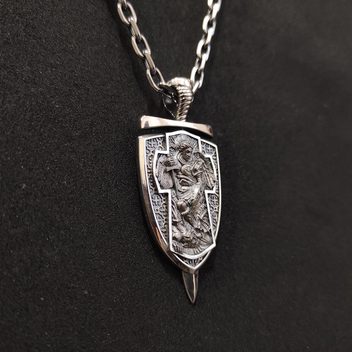 Sterling Silver Archangel Michael Shield Pendant Necklace: Religious Gift